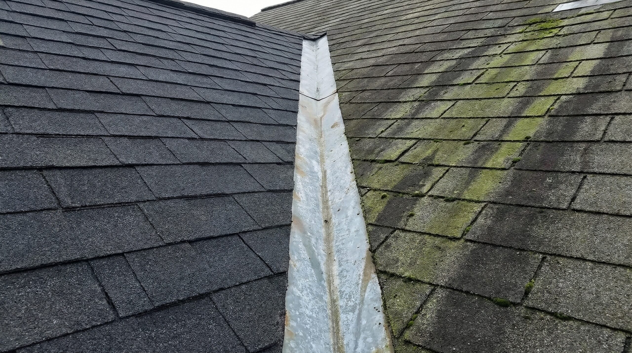 Close-up comparison showing clean roof area near metal flashing versus algae-stained sections