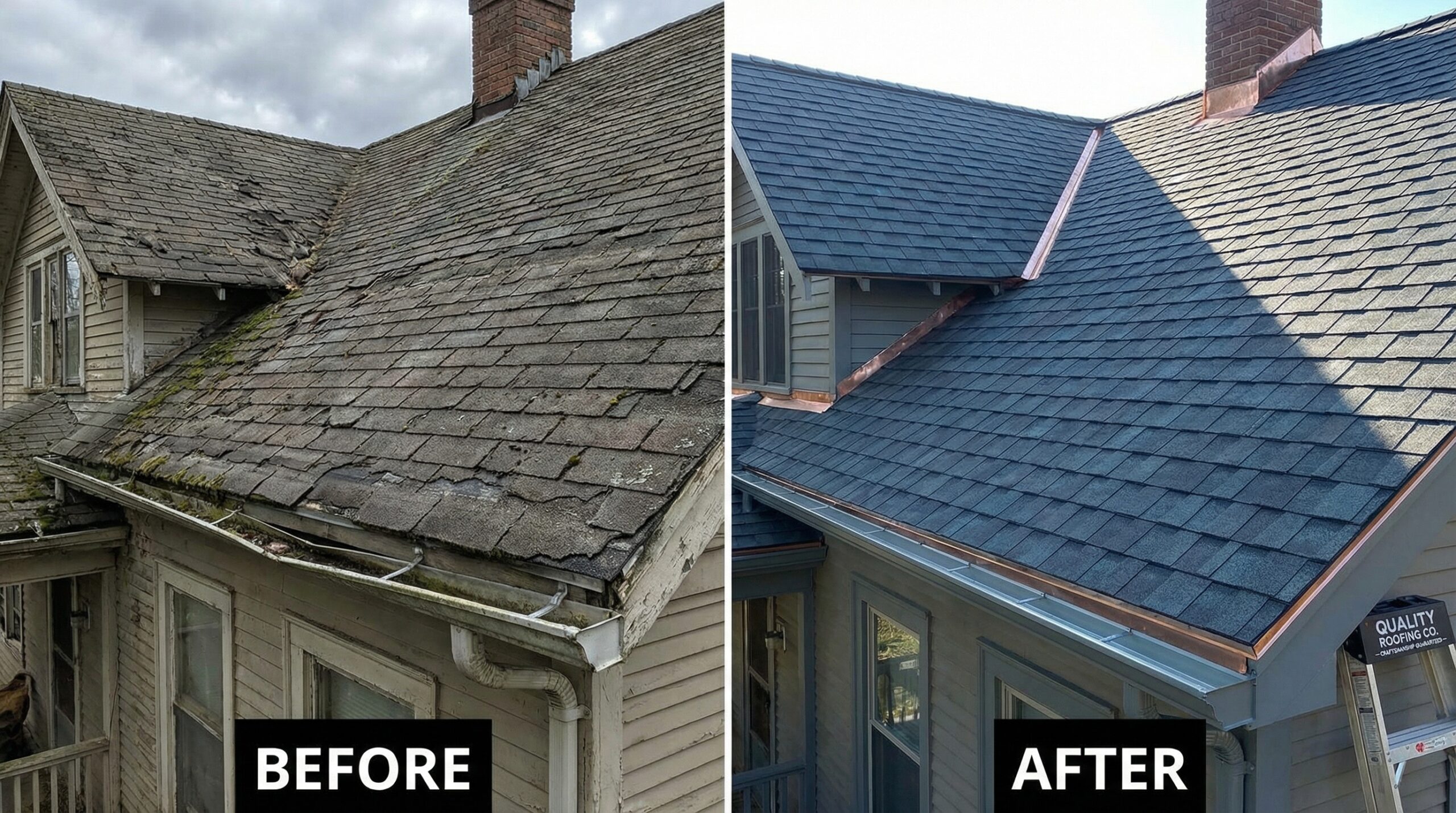 before and after comparison of roof repair work showing quality craftsmanship