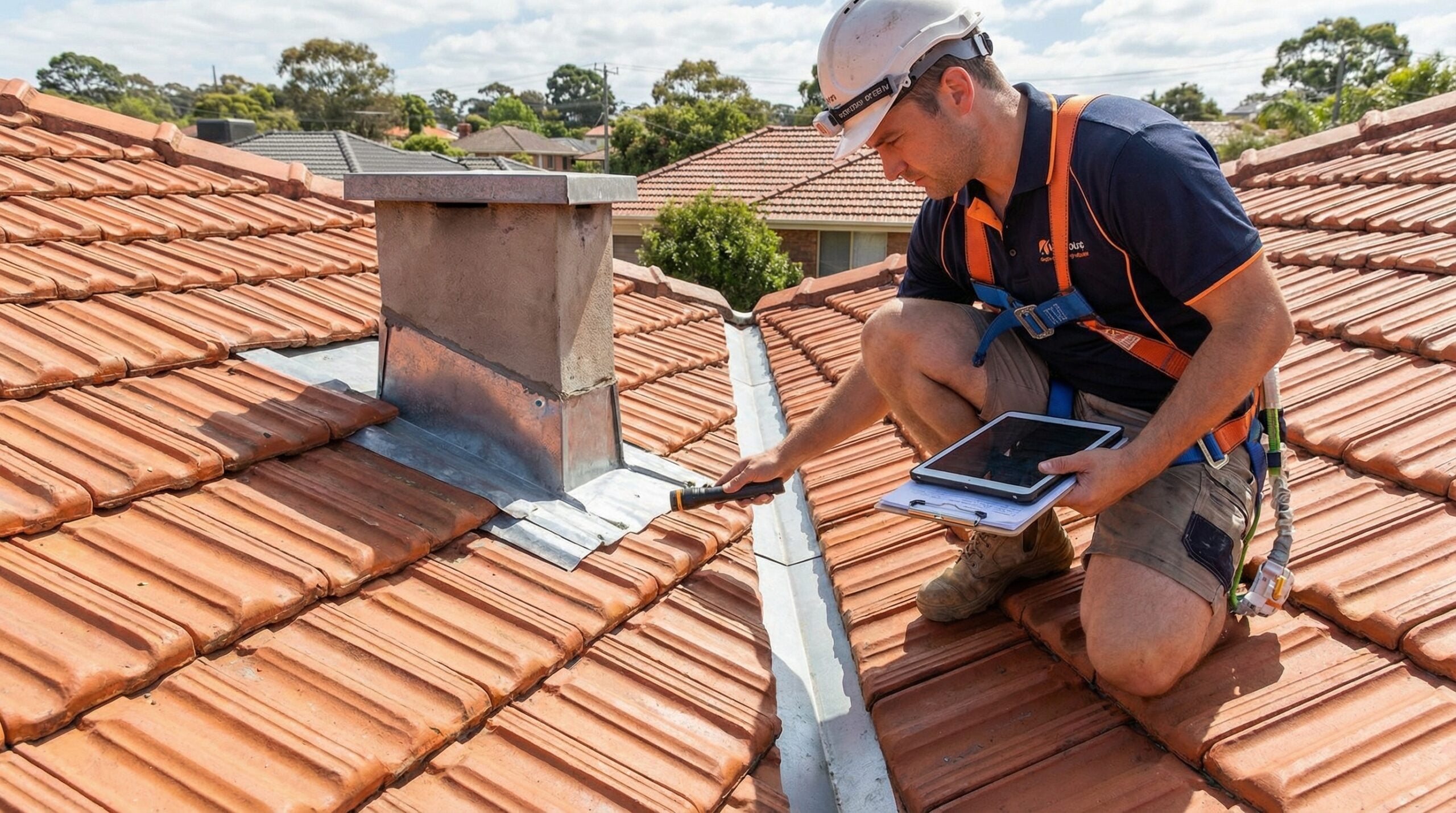 Professional roofer inspecting tile roof flashing and valleys