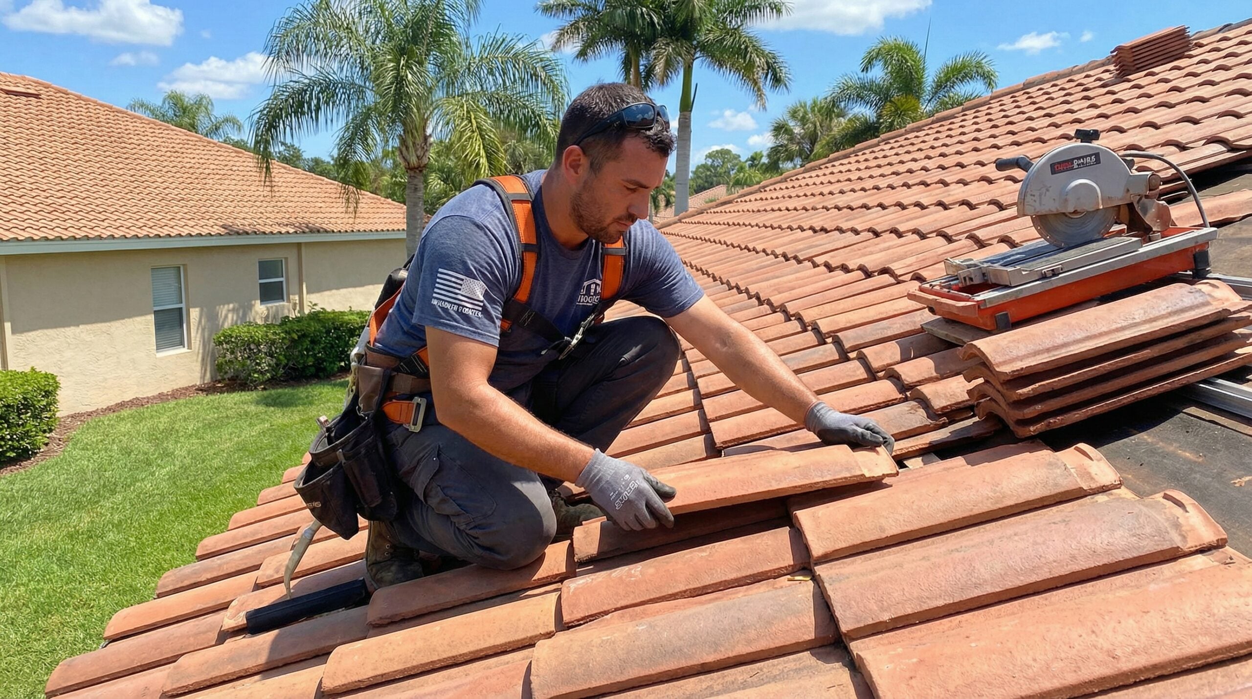 Roofer properly installing clay tiles on a South Florida home