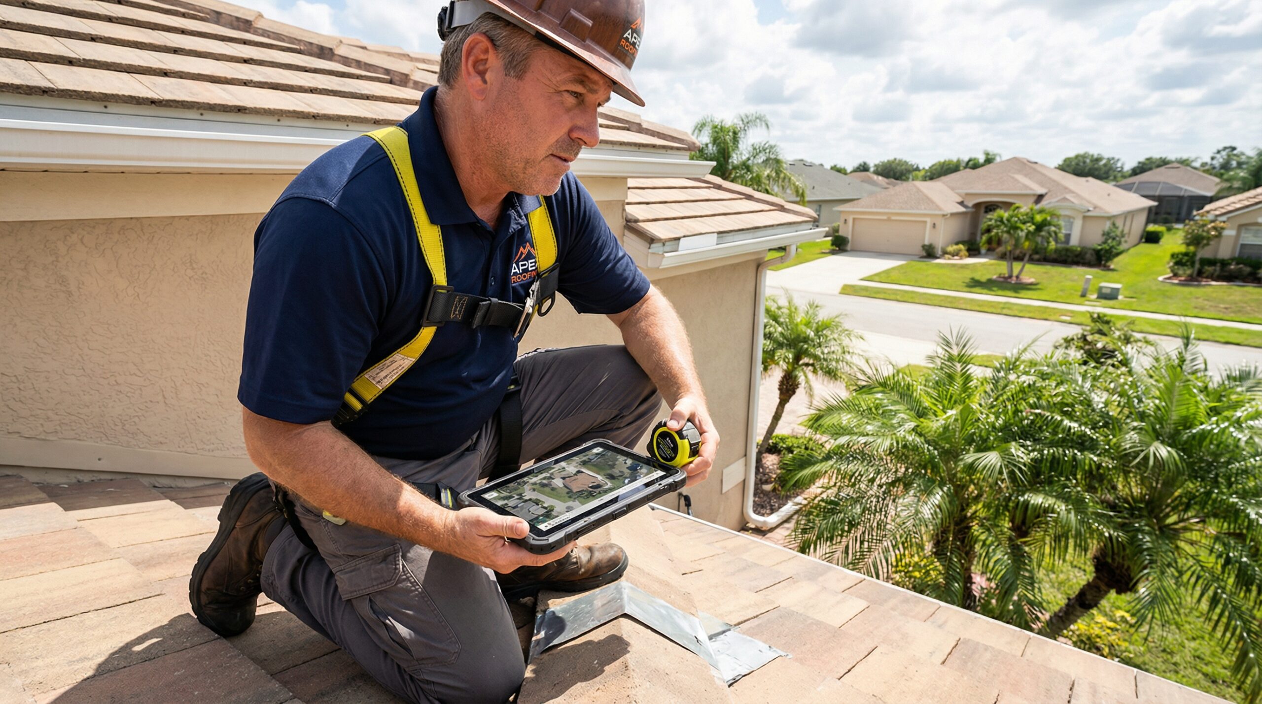 Professional roofer inspecting Florida home roof with tablet and measuring tools