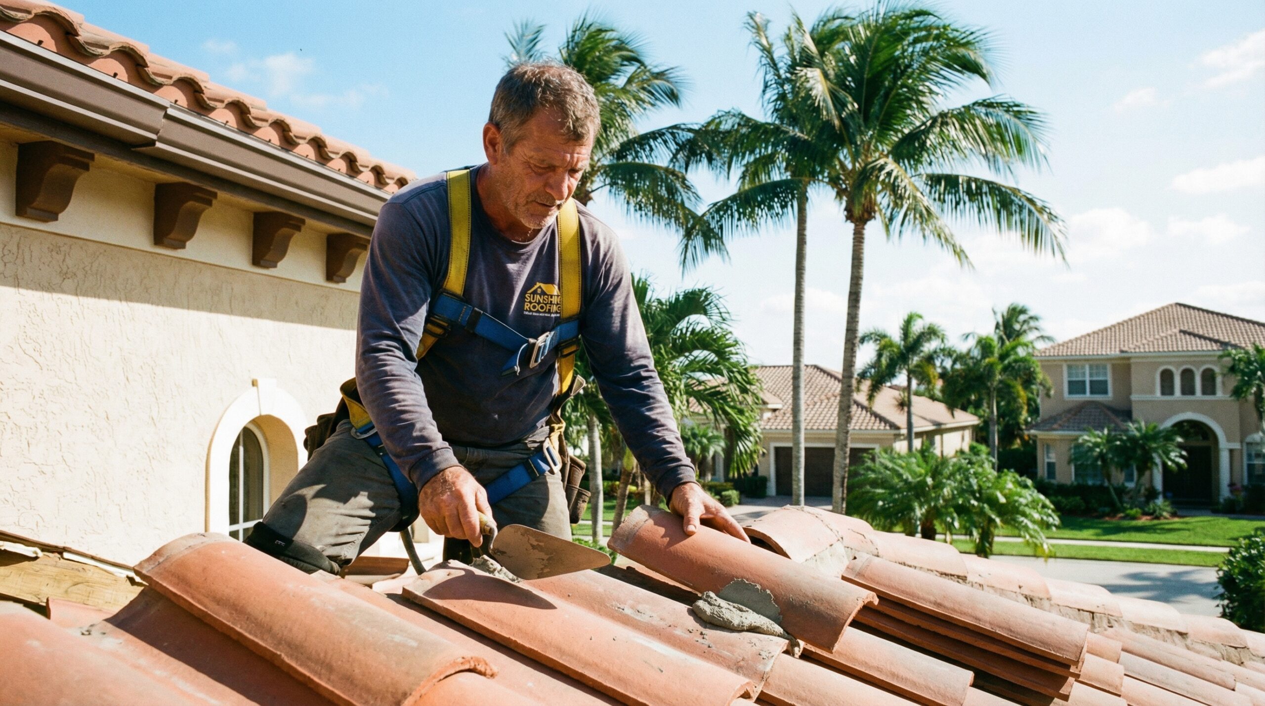 Certified roofer installing tiles on a South Florida home