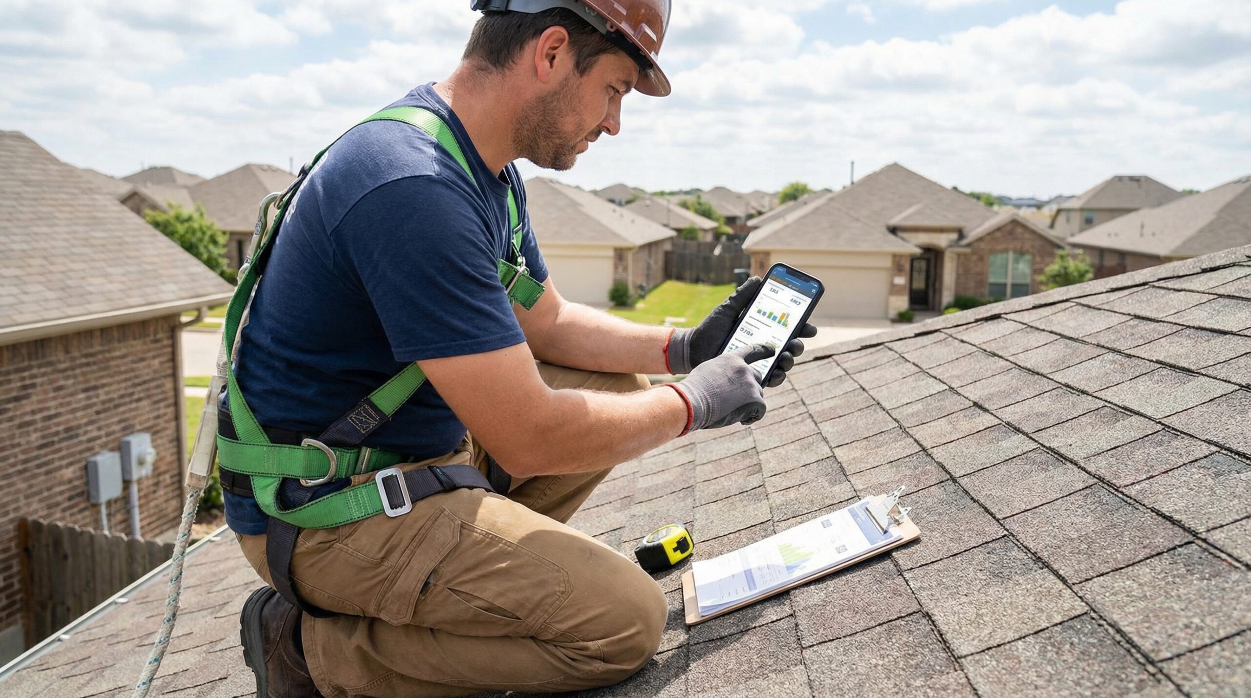 roofing contractor using smartphone app to create estimate while on roof