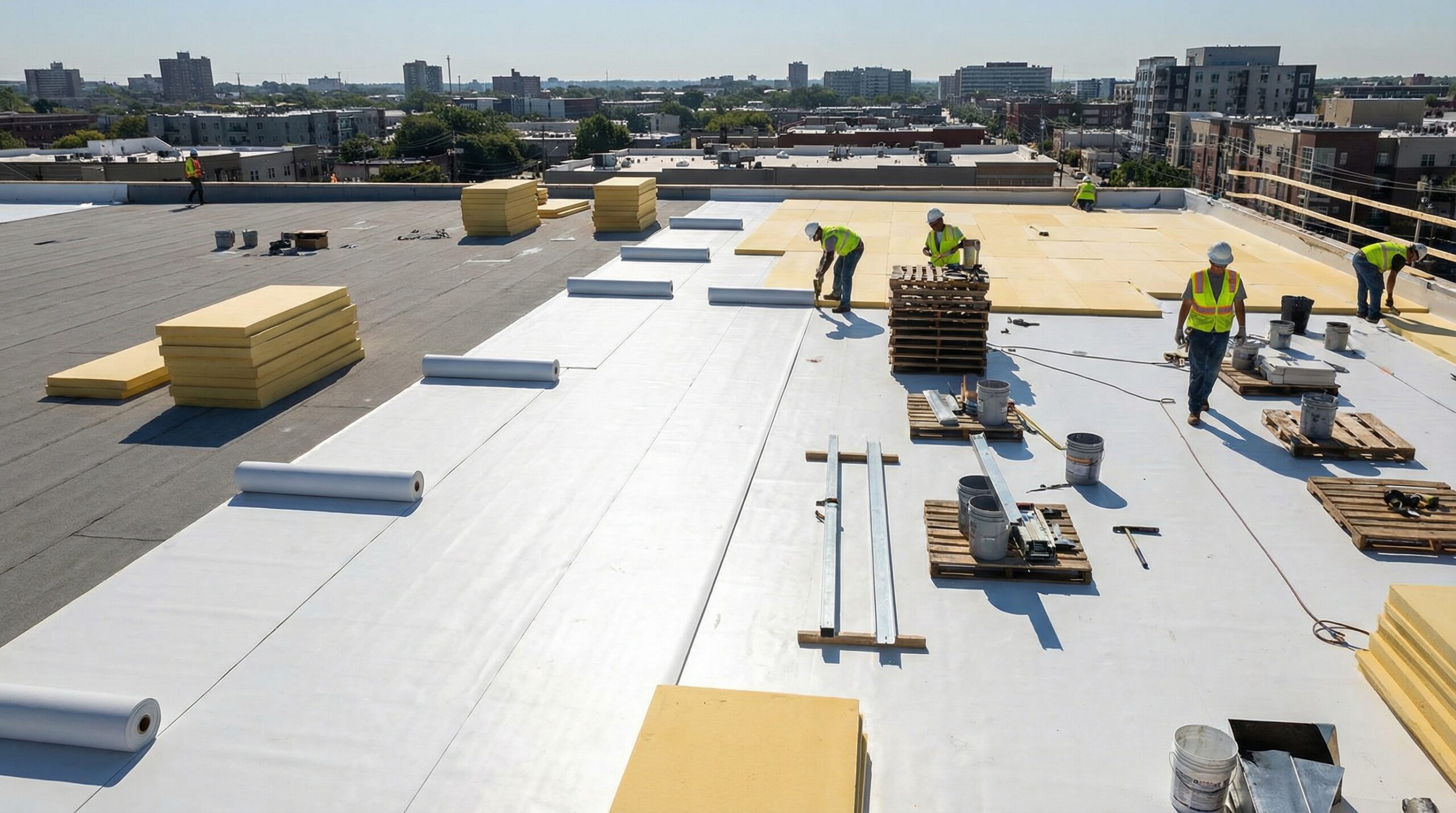 Roofing materials laid out on commercial roof showing membrane and insulation components