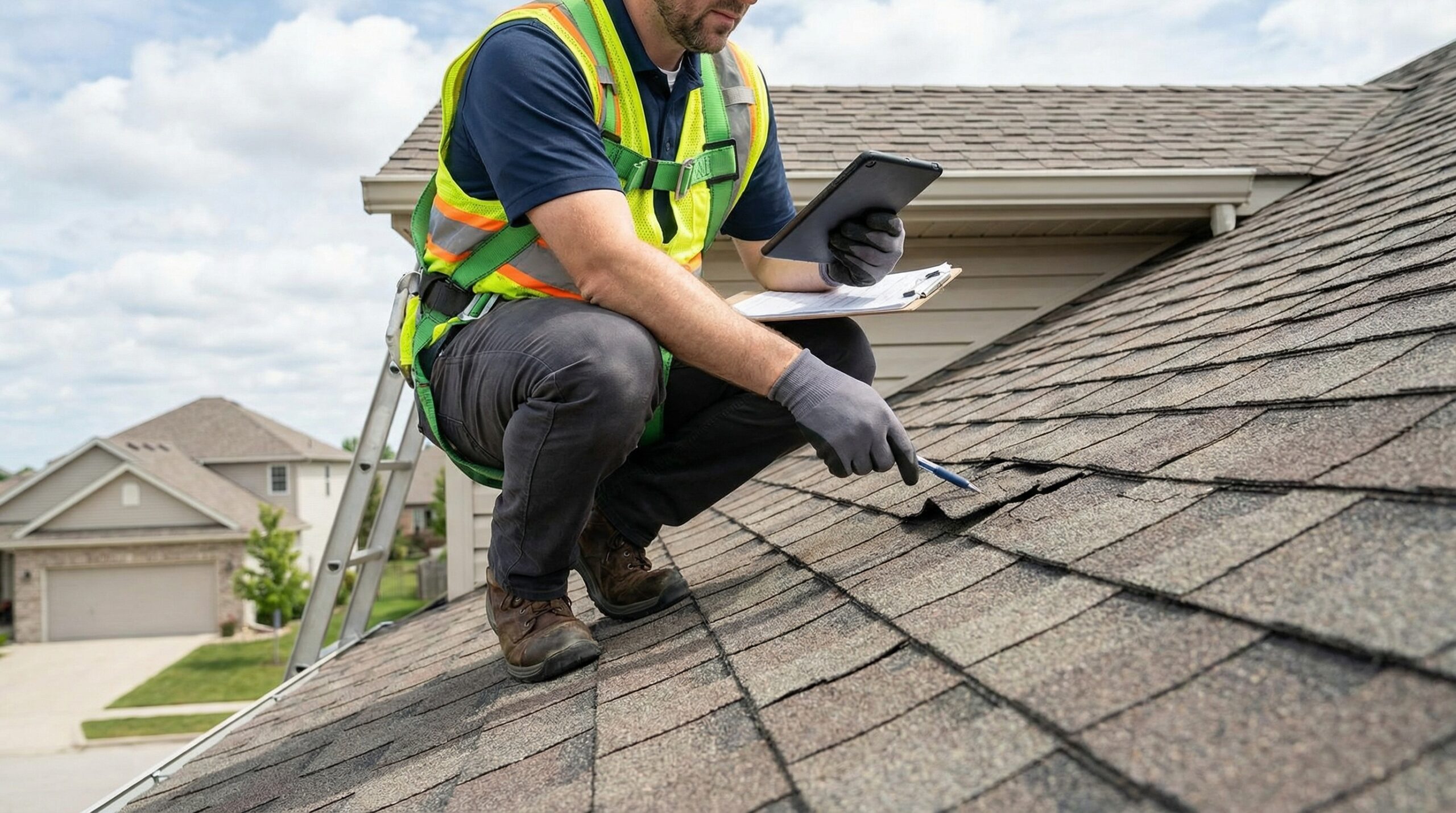 roofing professional conducting detailed inspection on commercial flat roof with clipboard