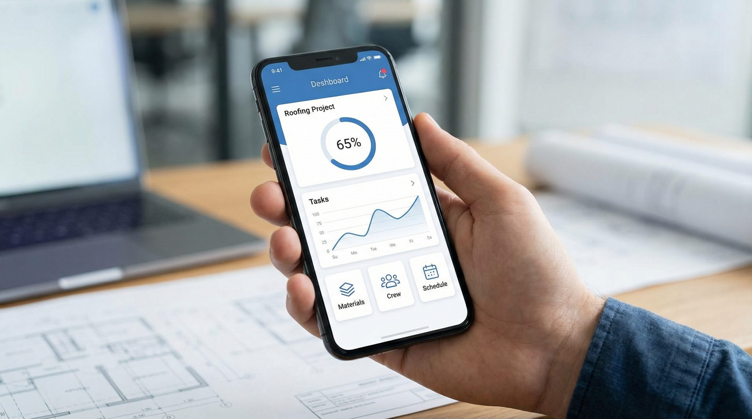 Roofing software dashboard showing project progress on mobile device