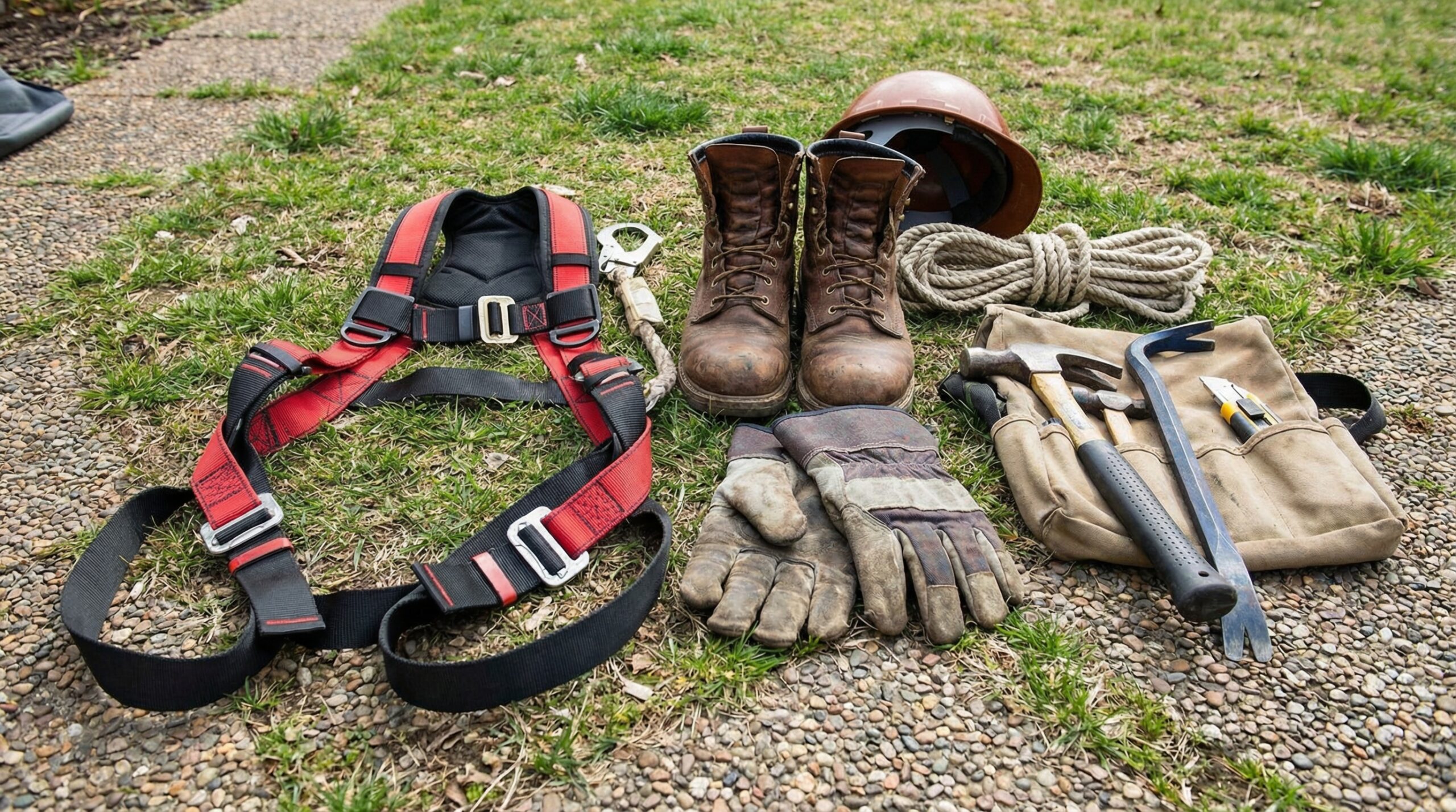 Safety equipment for roof repair laid out