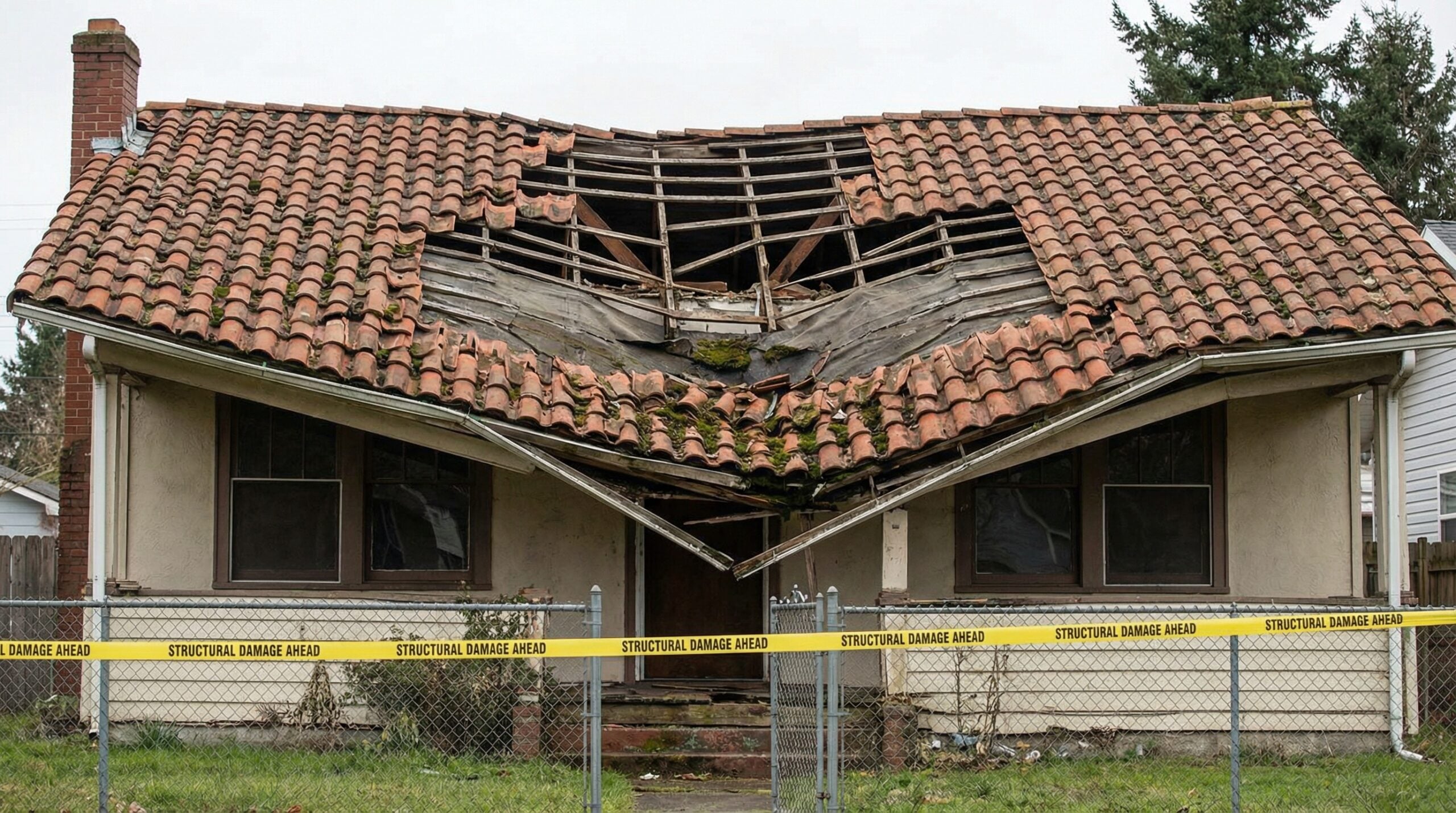Sagging roof section showing structural damage