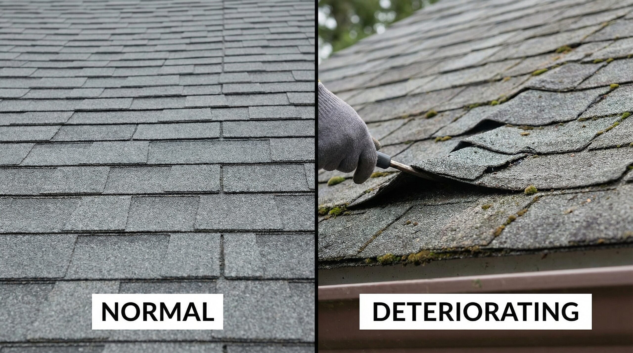 Comparison showing normal flat shingles versus curled deteriorating shingles