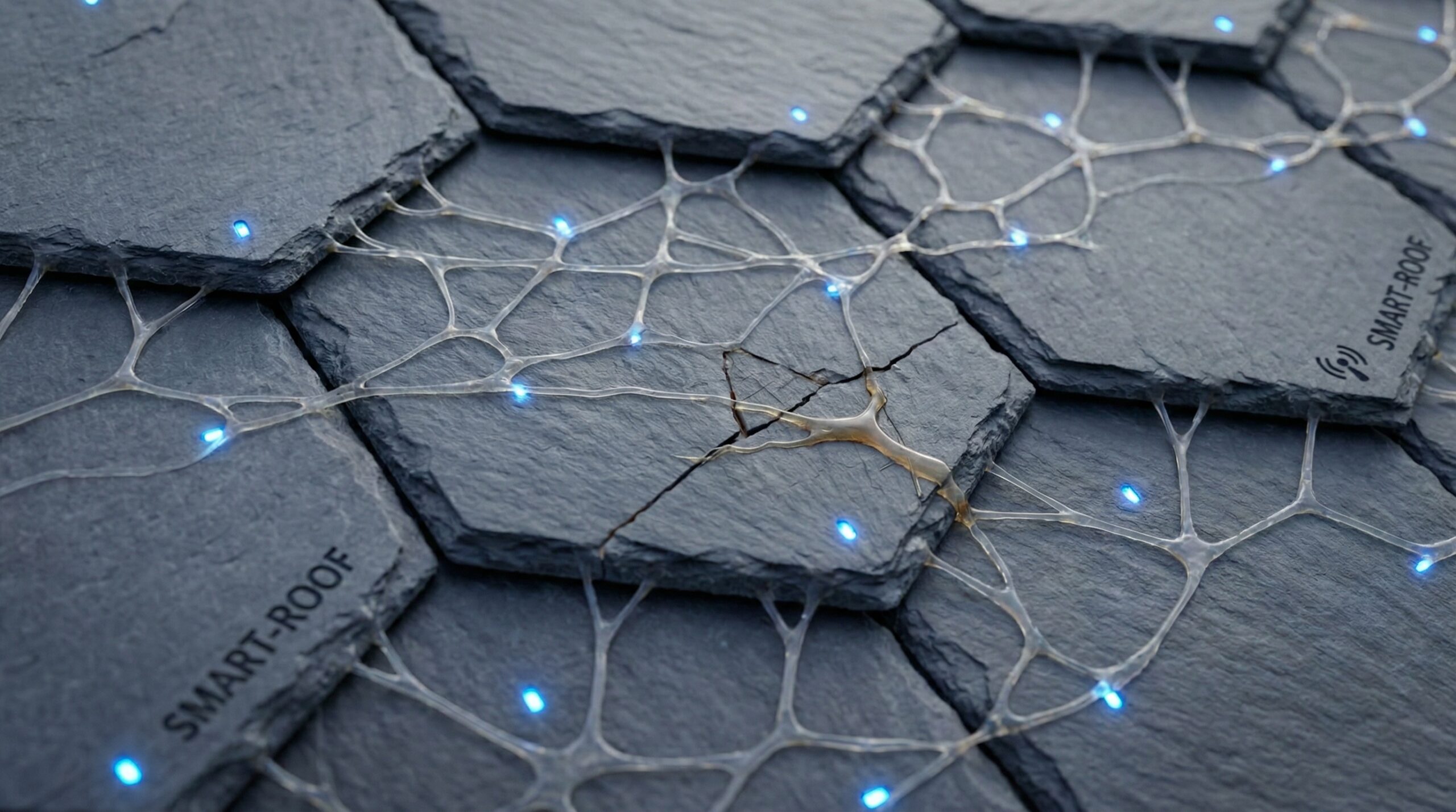 close-up of smart roofing tiles with sensors and self-healing technology visible