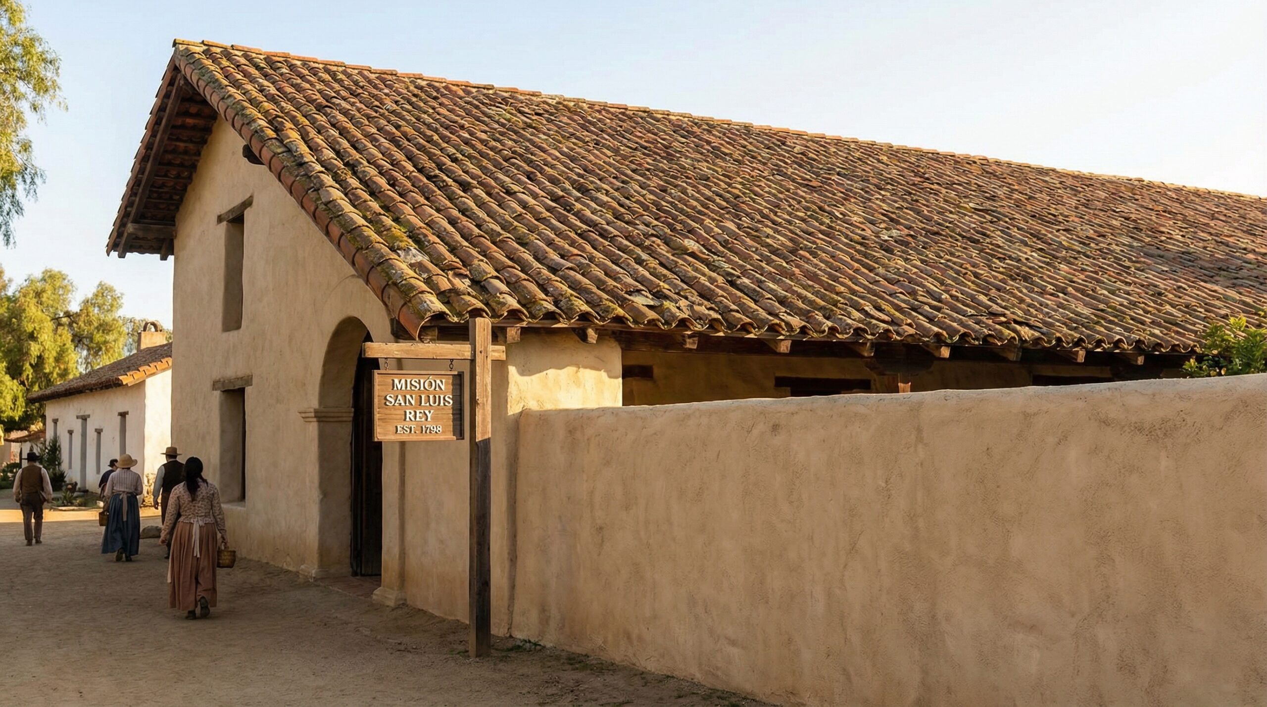 Spanish mission building with traditional clay tile roof showing early American tile roofing