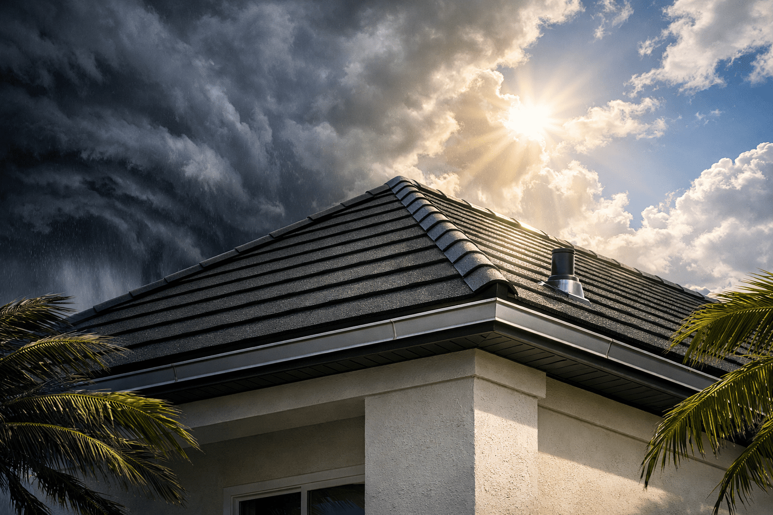 Roof under stormy sky and sunlight