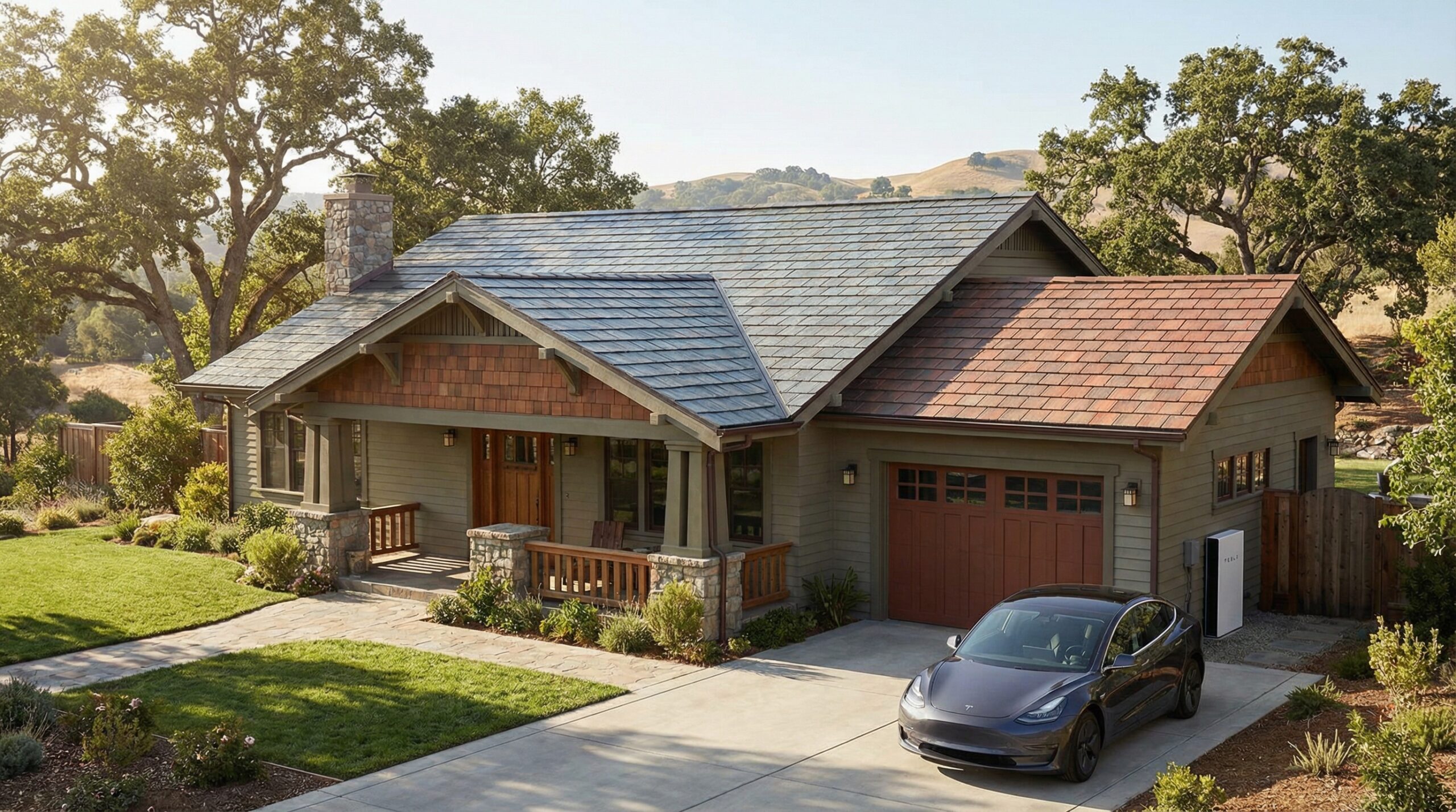 house with Tesla solar roof tiles that look like traditional shingles