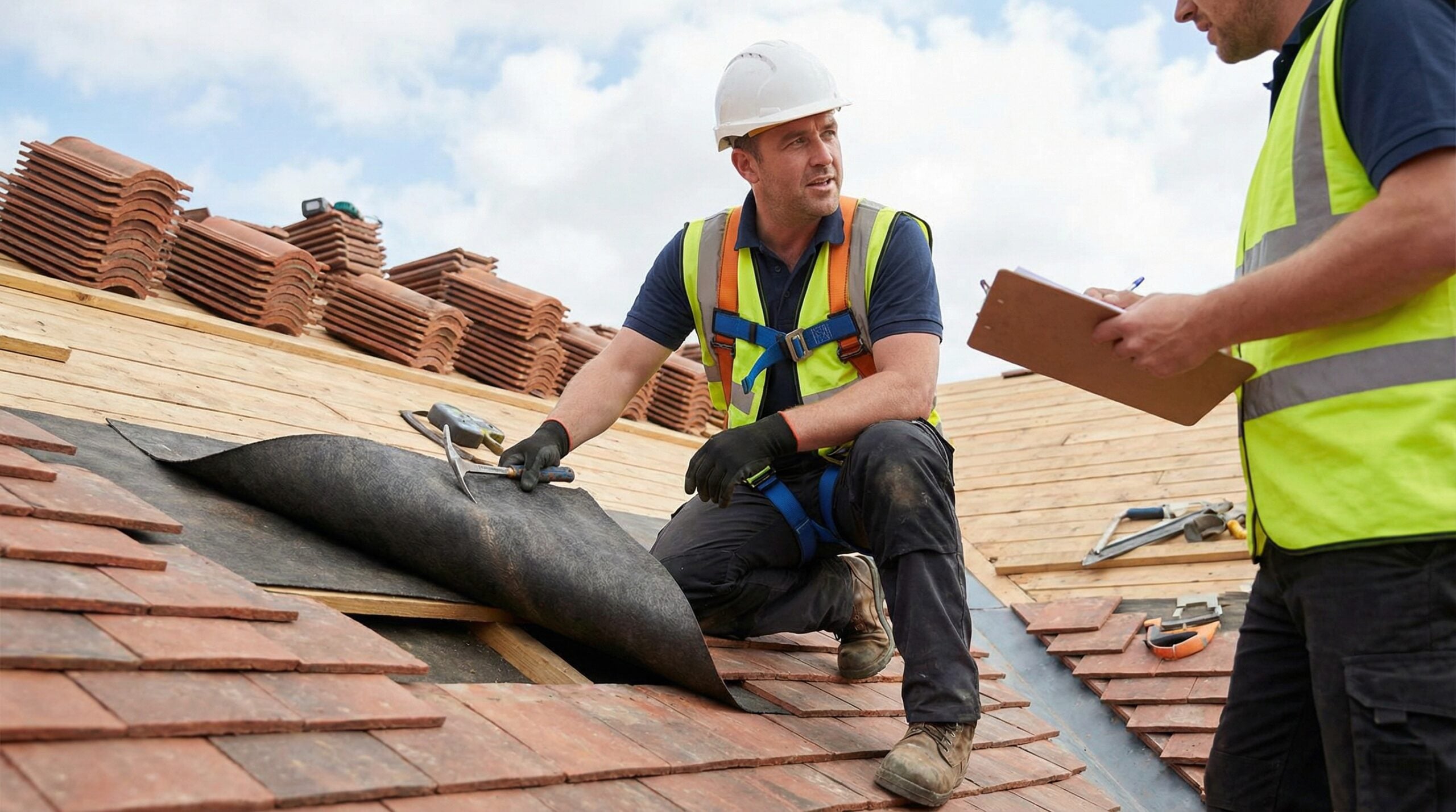 Professional roofer inspecting tile roof underlayment