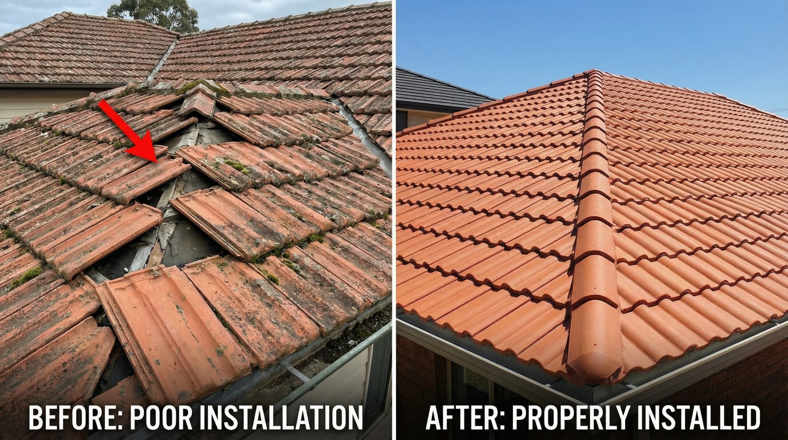 Before and after comparison showing damaged tiles from poor installation versus properly installed tile roof