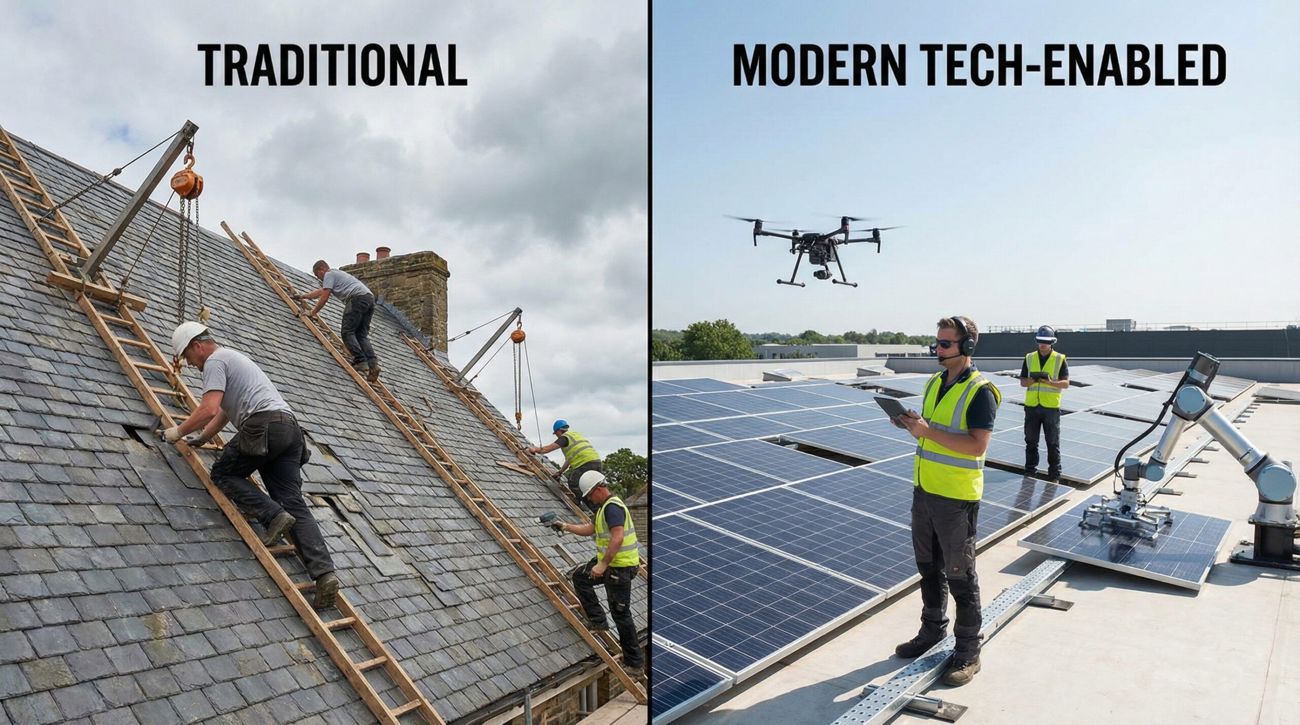 split screen showing traditional roofing work versus modern tech-enabled roofing operations