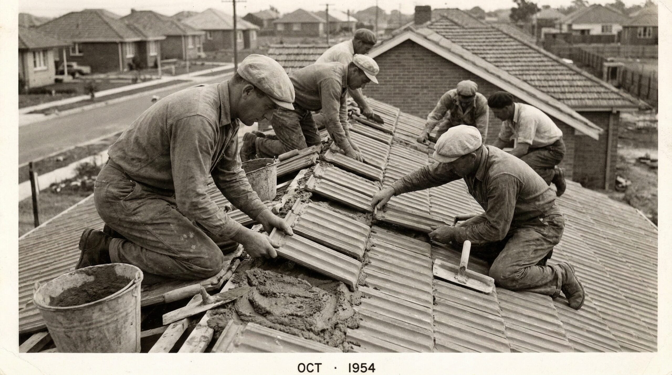 Vintage photo showing 1950s tile roof installation with mortar cement method