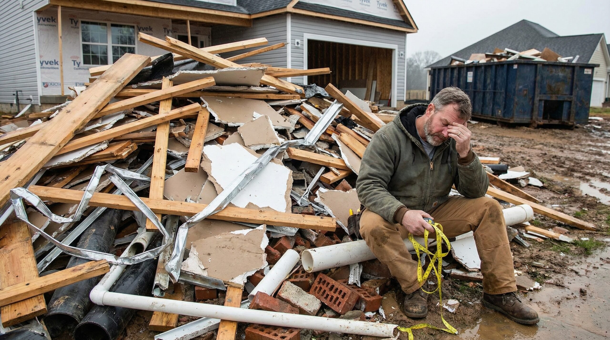 Pile of wasted construction materials next to a frustrated homeowner holding measuring tape