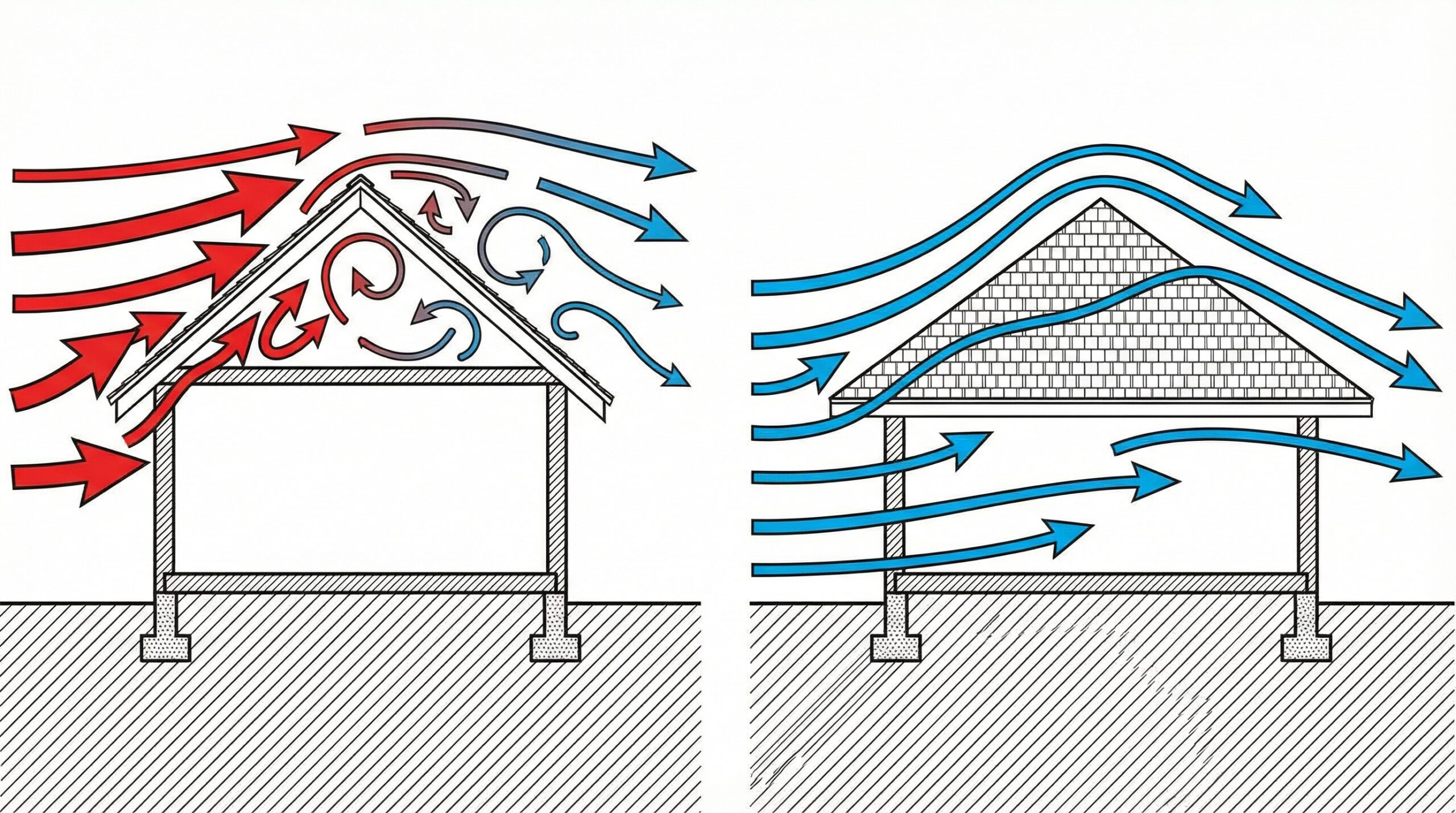 Wind flow diagram comparing hip and gable roof performance