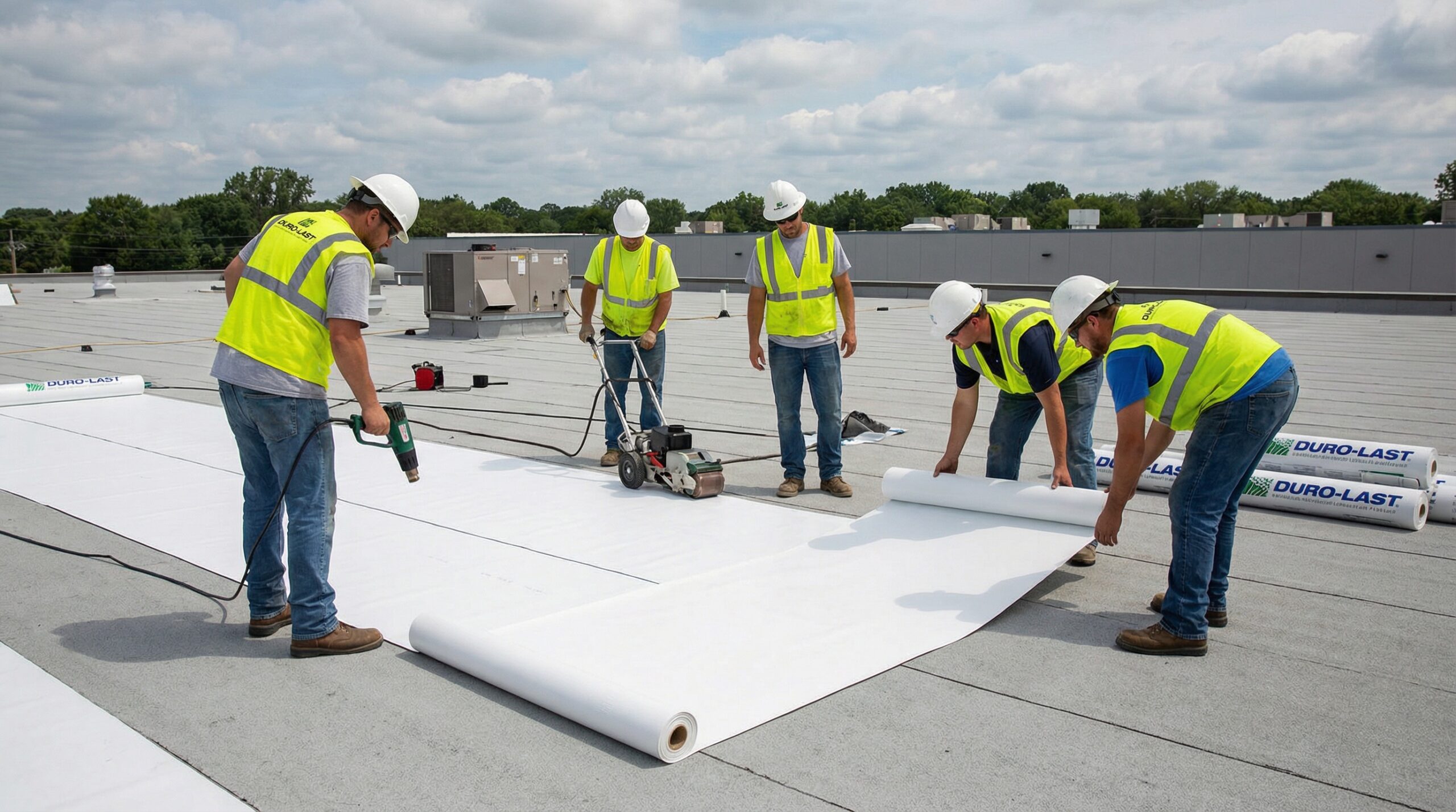 workers installing white Duro-Last membrane on commercial building showing professional installation process