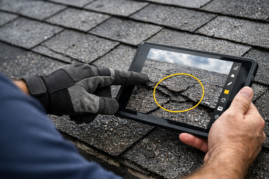 Inspecting roof damage on tablet