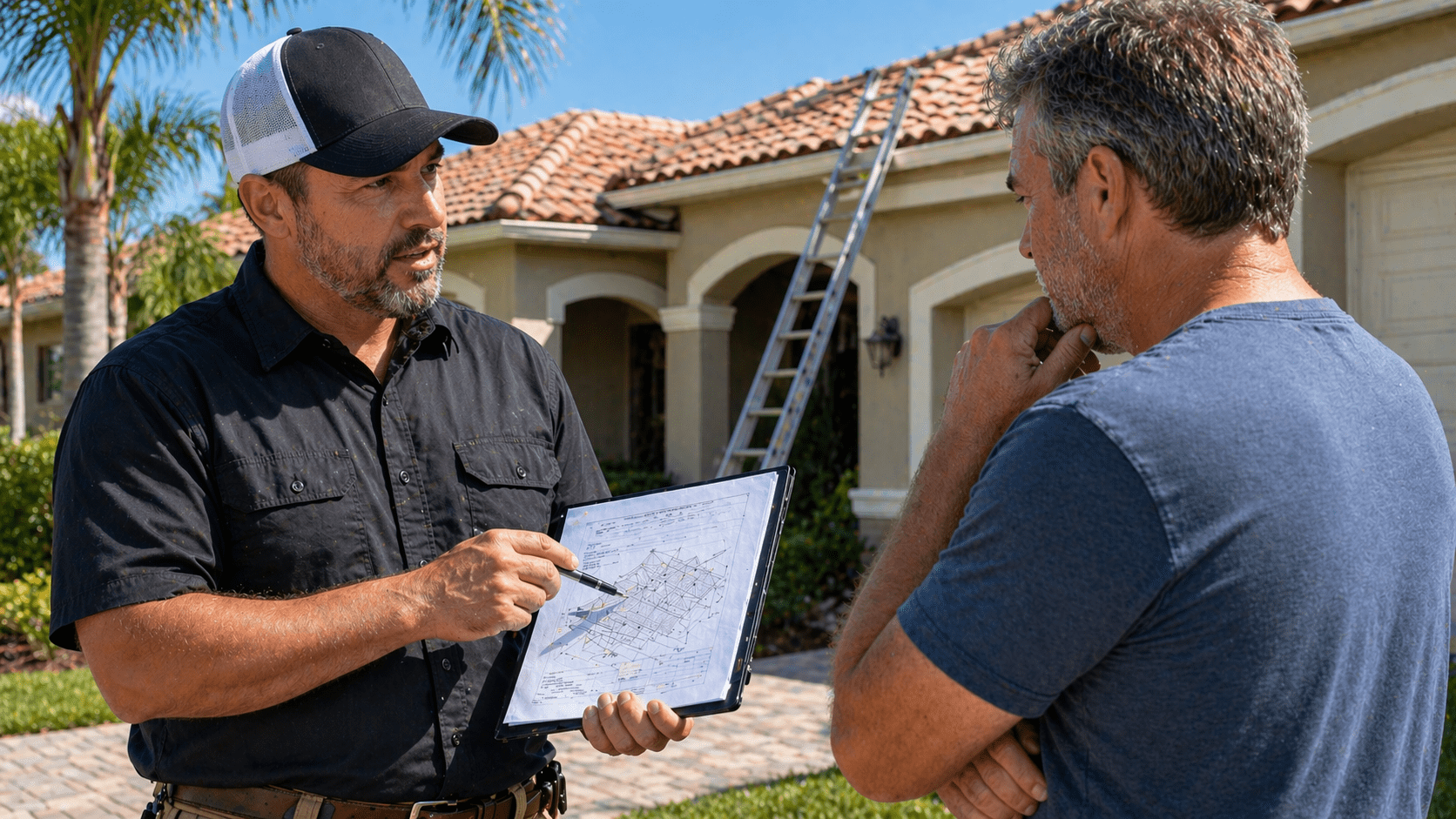 Contractor discussing roof options with homeowner.