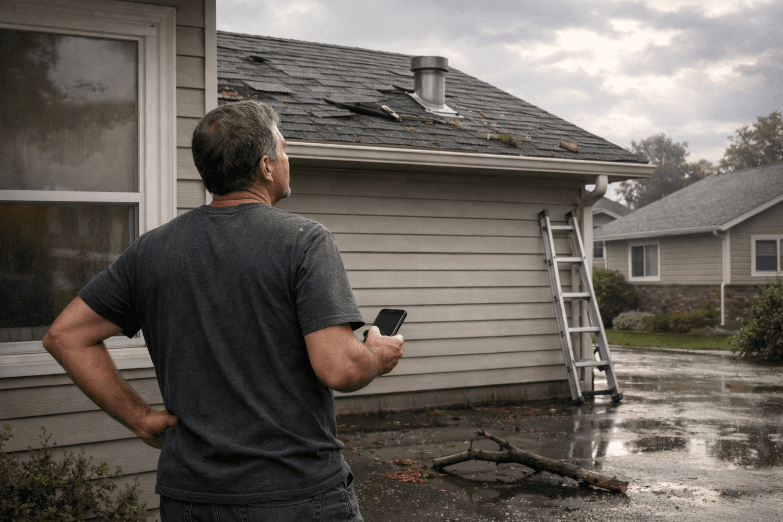 Man inspecting storm-damaged roof.
