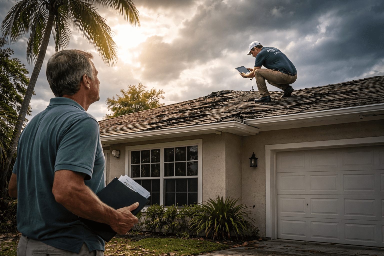 Man inspecting roof, another observing below.