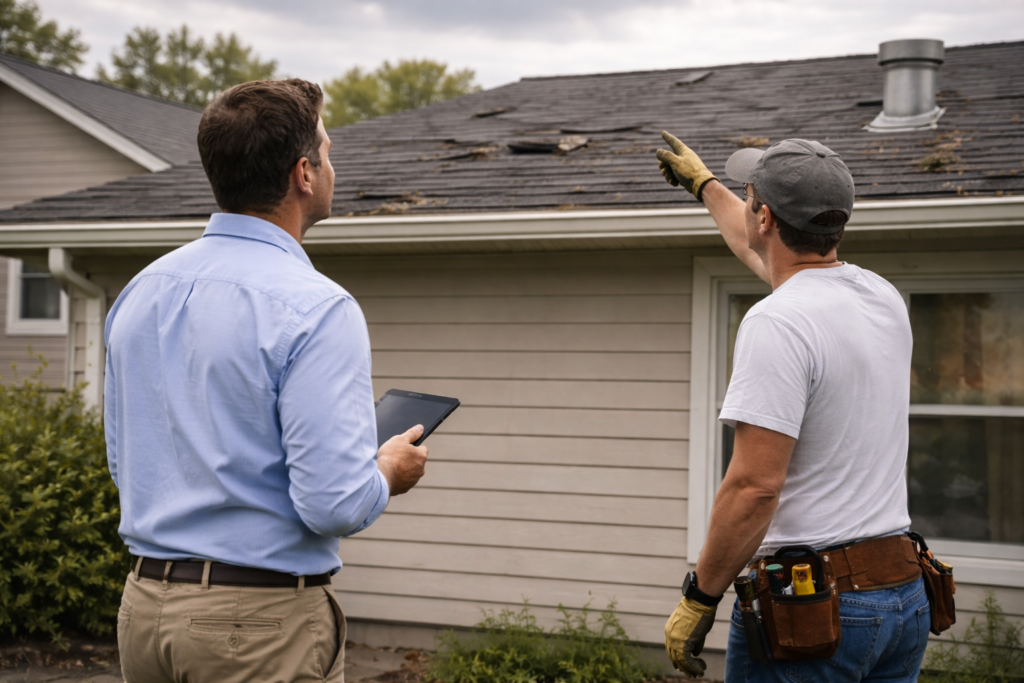 Two men inspecting a damaged roof.