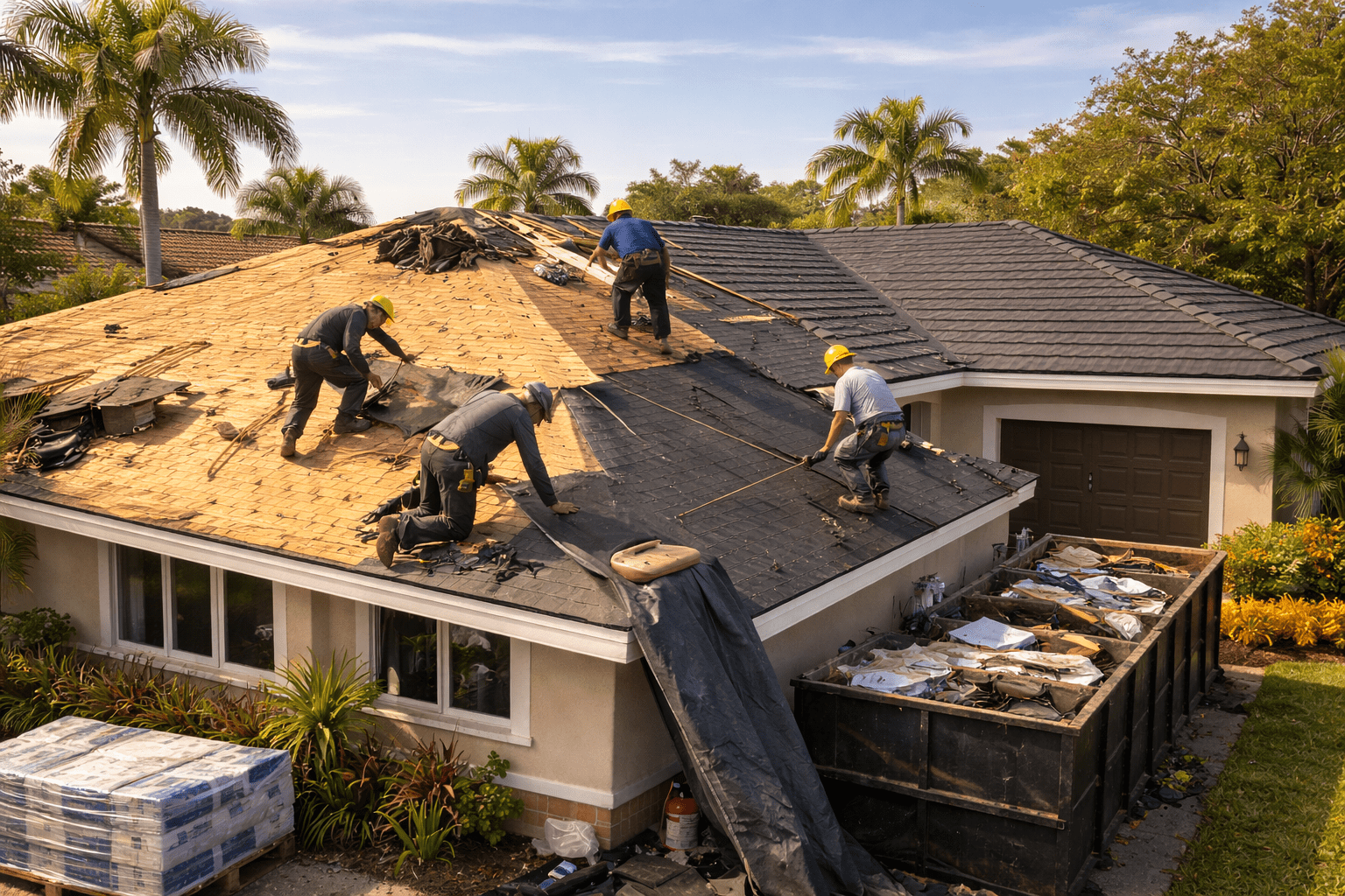 Workers replacing a residential roof.