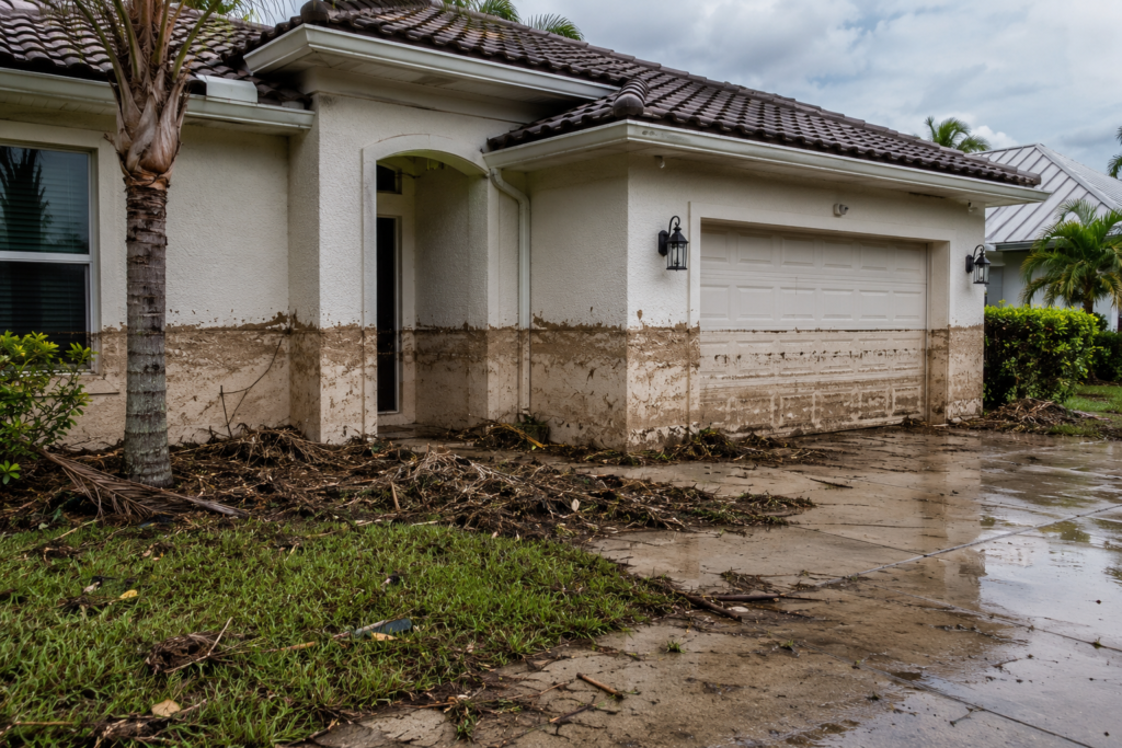 House exterior shows flood damage.
