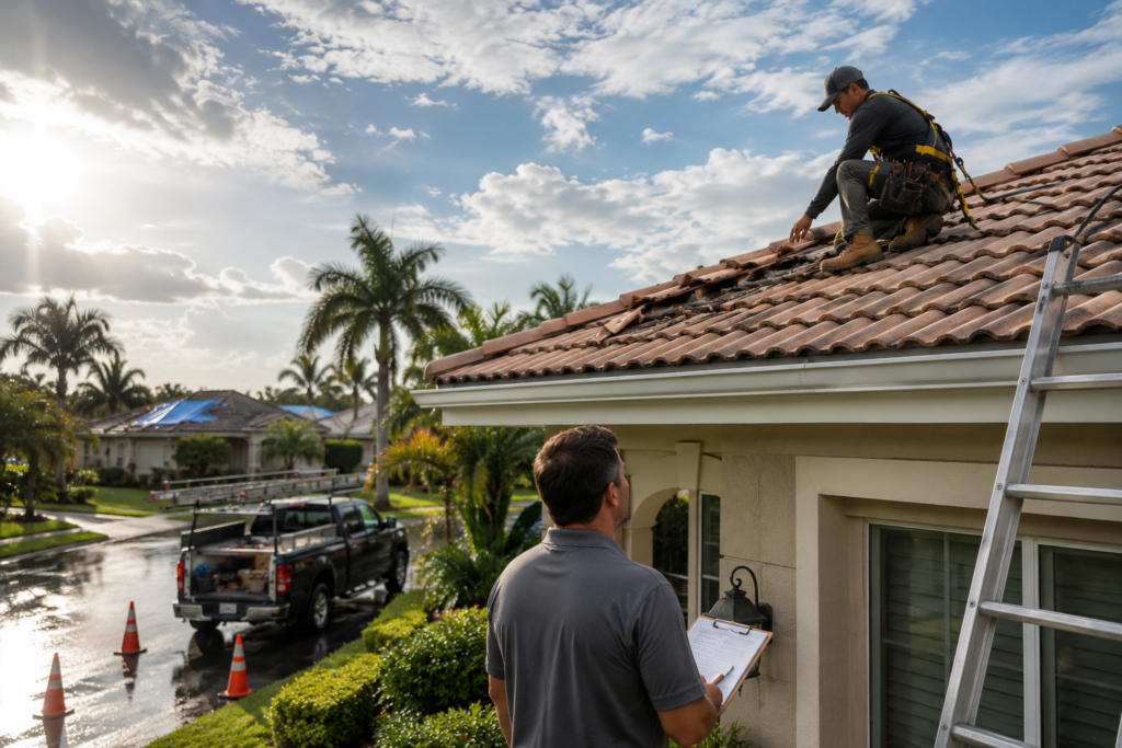 Contractor inspecting roof