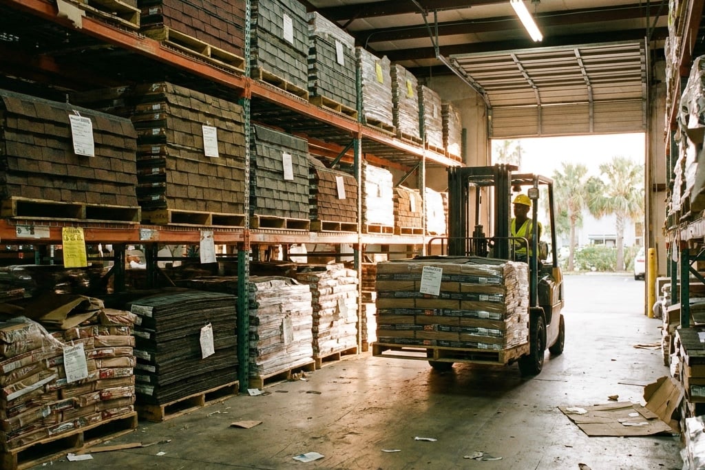 Forklift in warehouse with supplies.