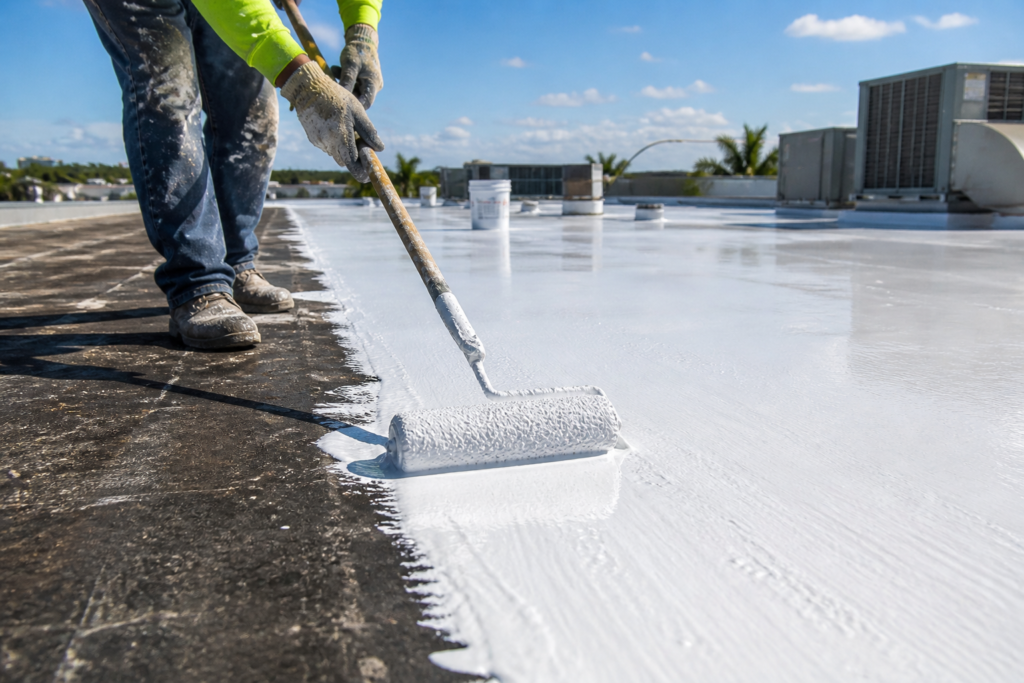 Person applying silicone coating on roof