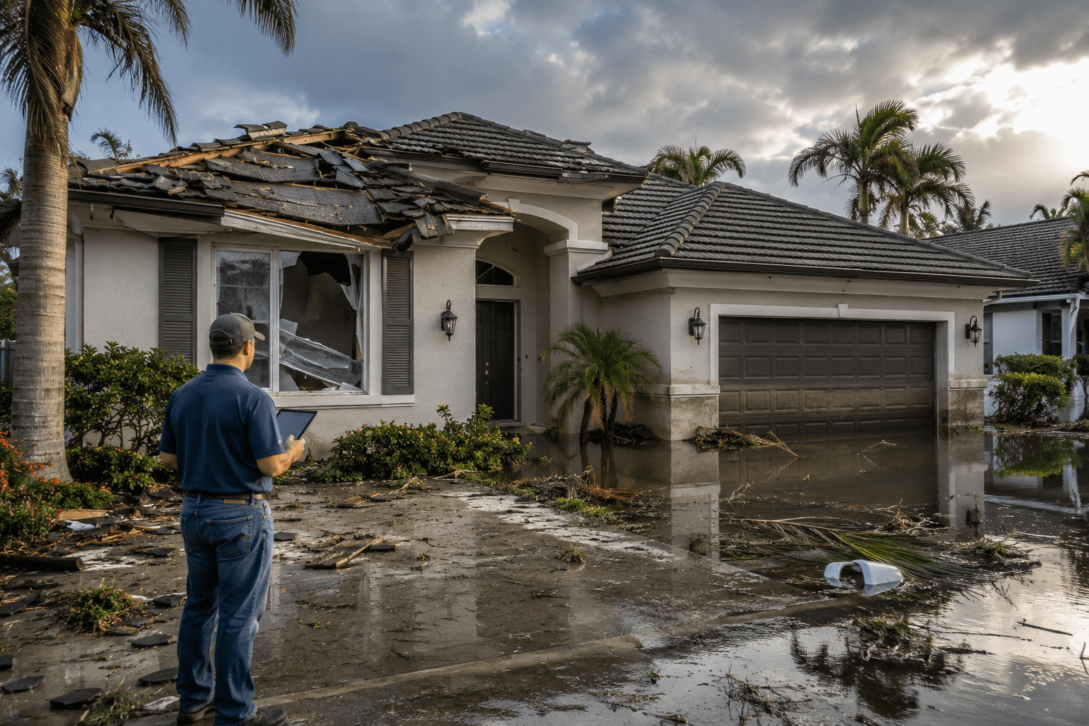 Flooded house with storm damage assessment