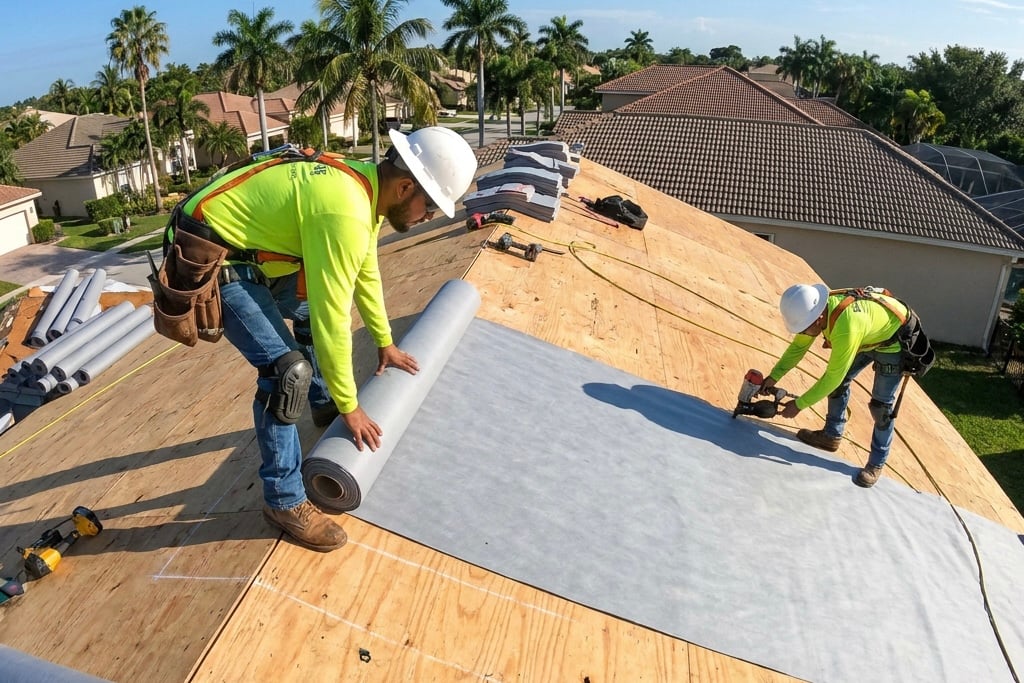 Roofers installing materials on rooftop.