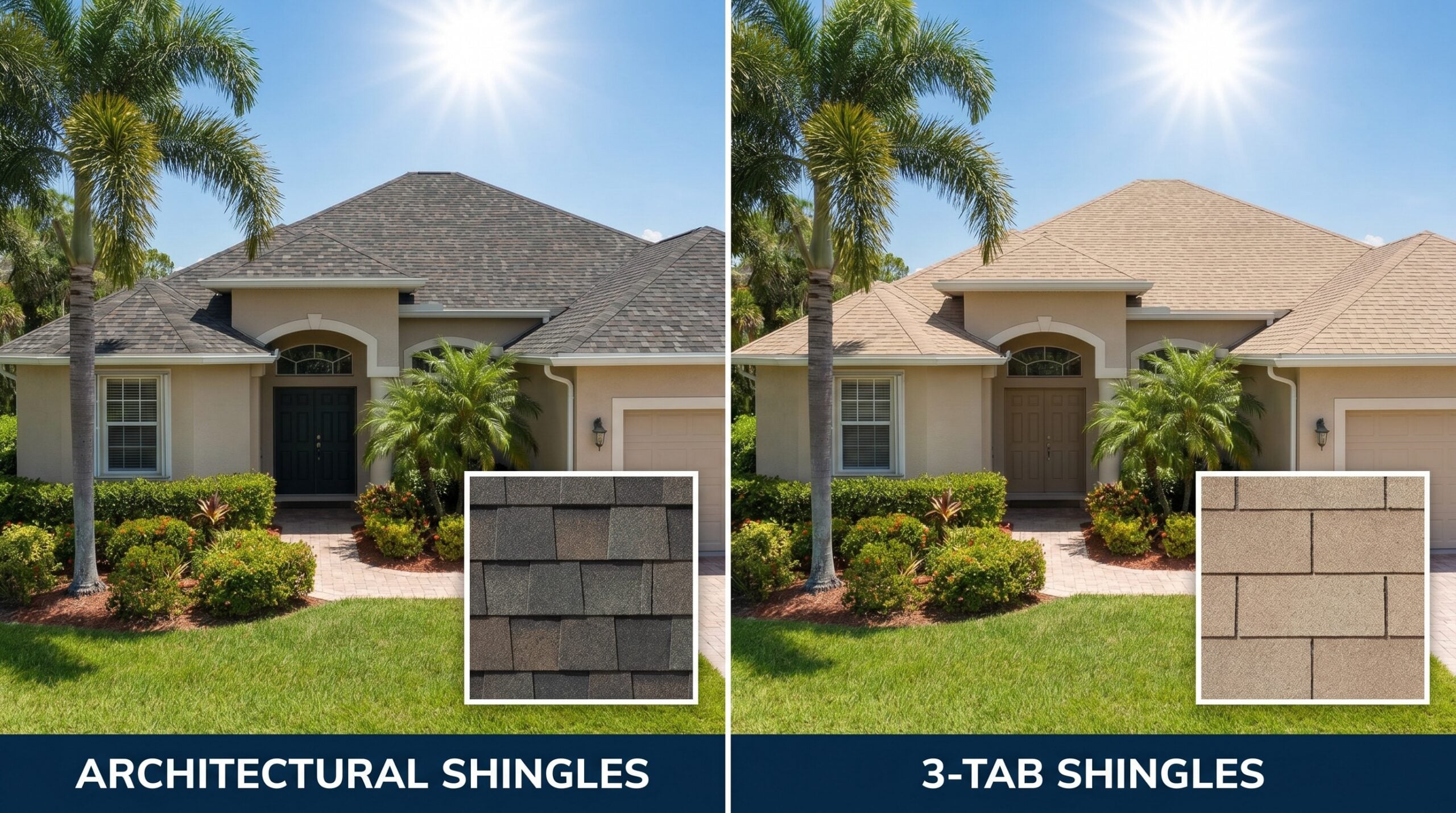 Side-by-side comparison showing architectural shingles vs 3-tab shingles on similar Florida homes