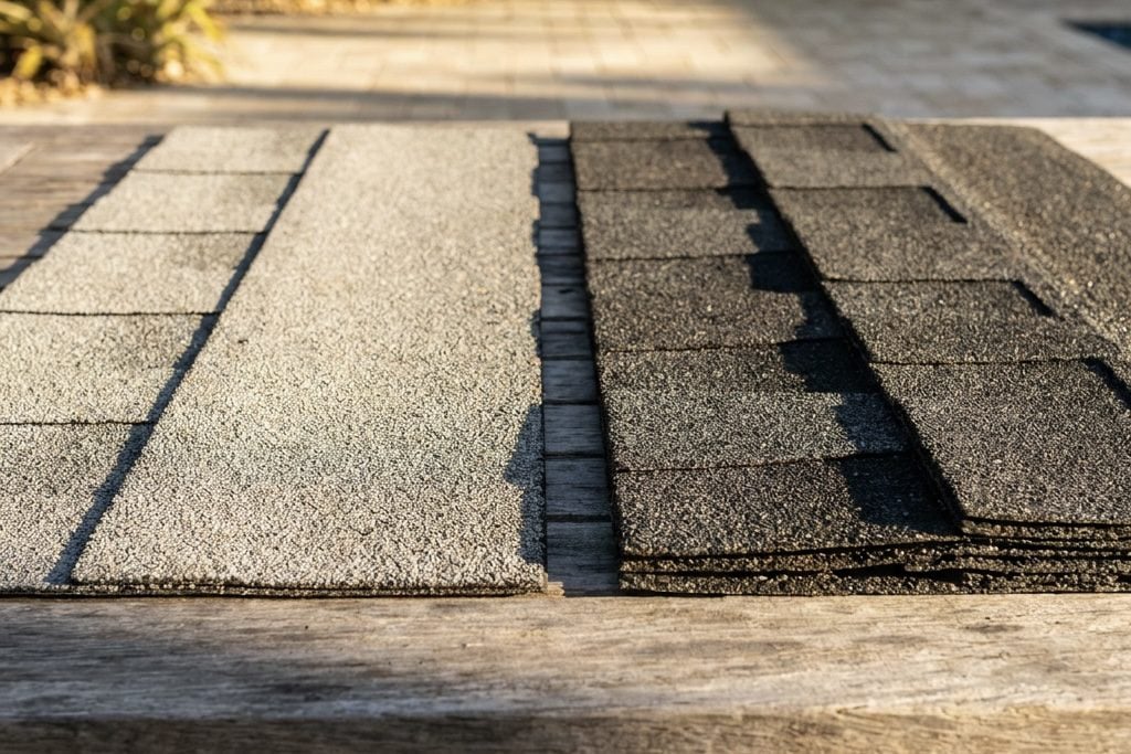 Two types of roofing shingles displayed.