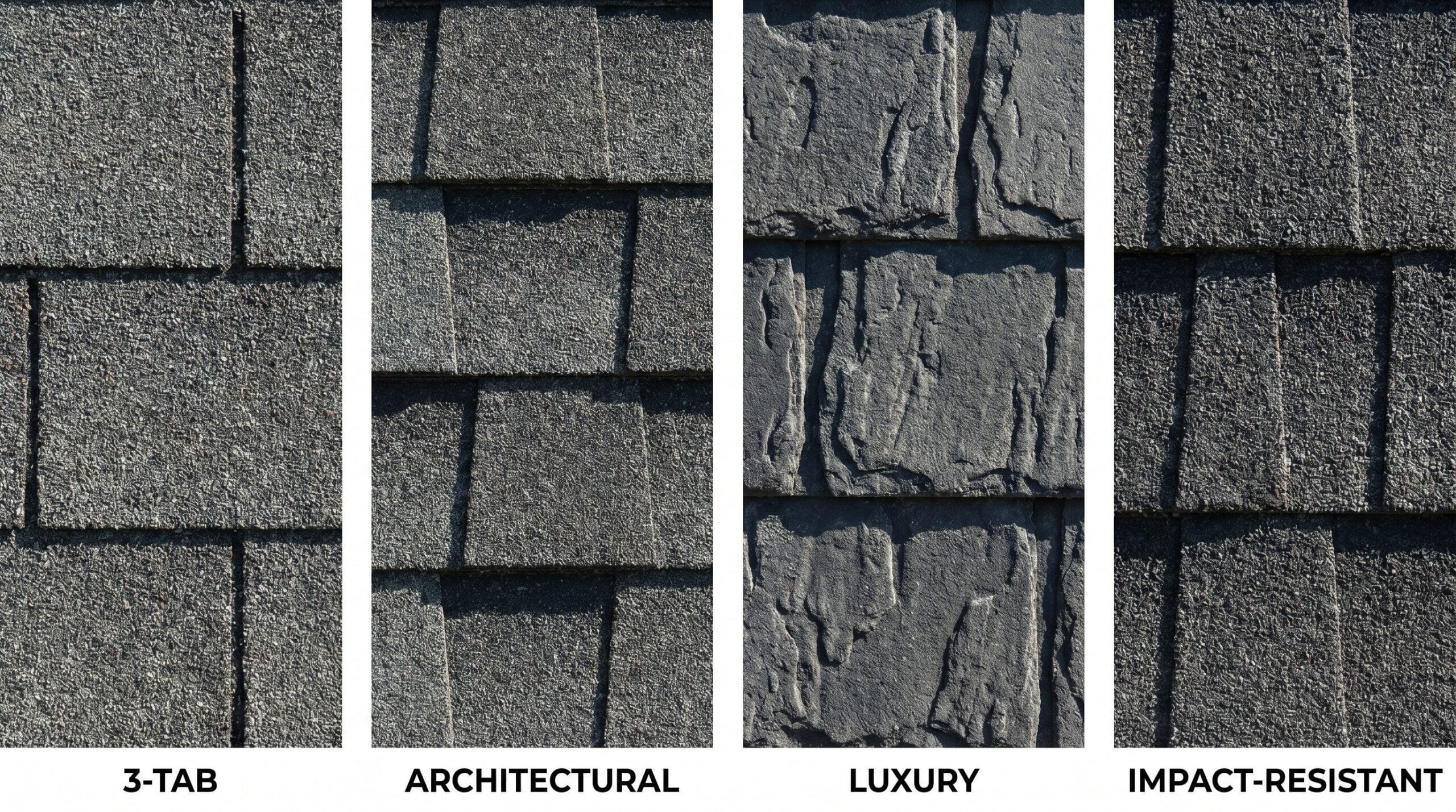 Side-by-side comparison of different asphalt shingle types showing texture differences