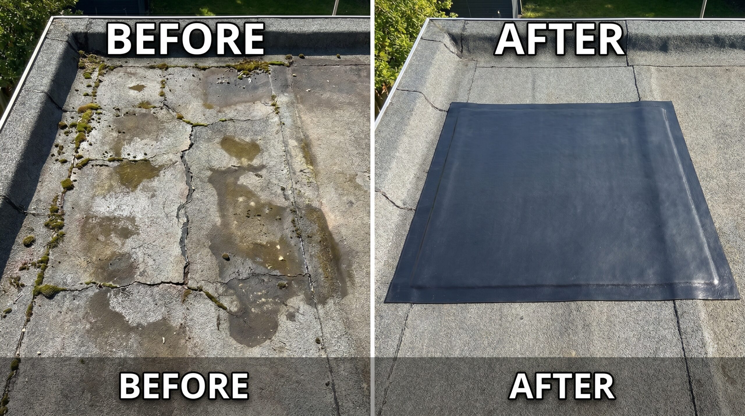 Before and after flat roof patch repair showing professional workmanship