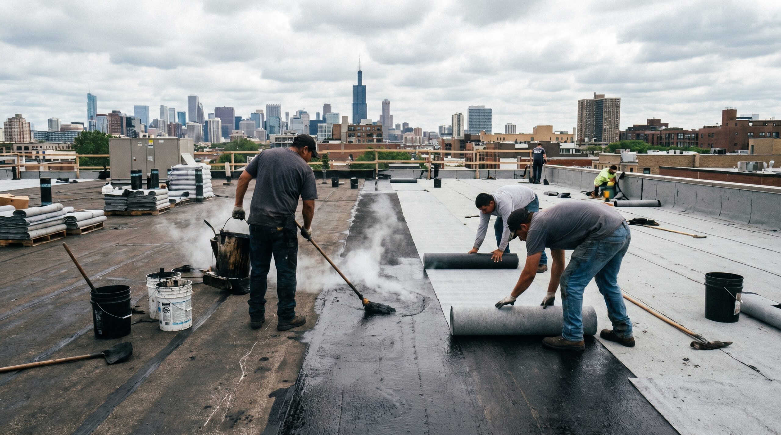 Installation photo showing workers applying hot bitumen and ply sheets during BUR construction