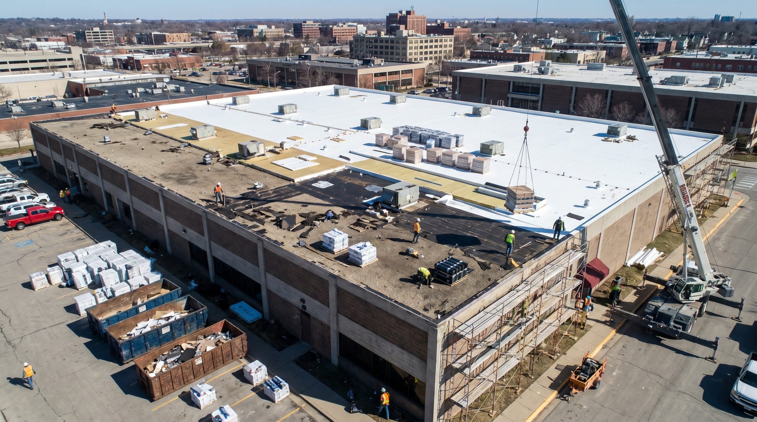 Aerial view of commercial building showing roof replacement project in progress with materials staged