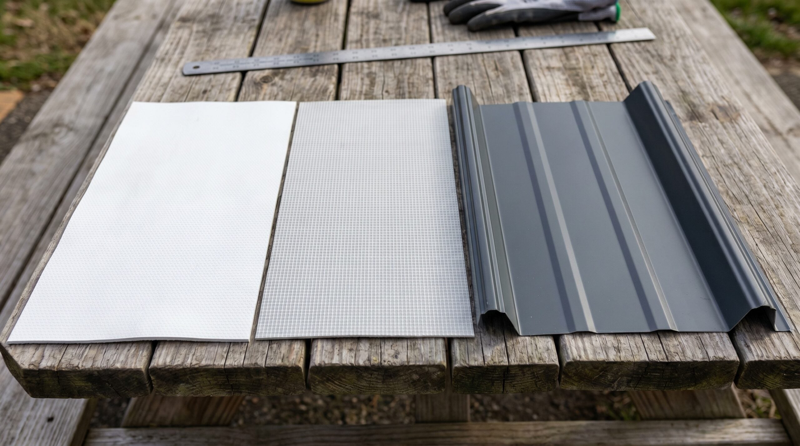 Close-up comparison of different commercial roofing materials including TPO, PVC, and metal samples