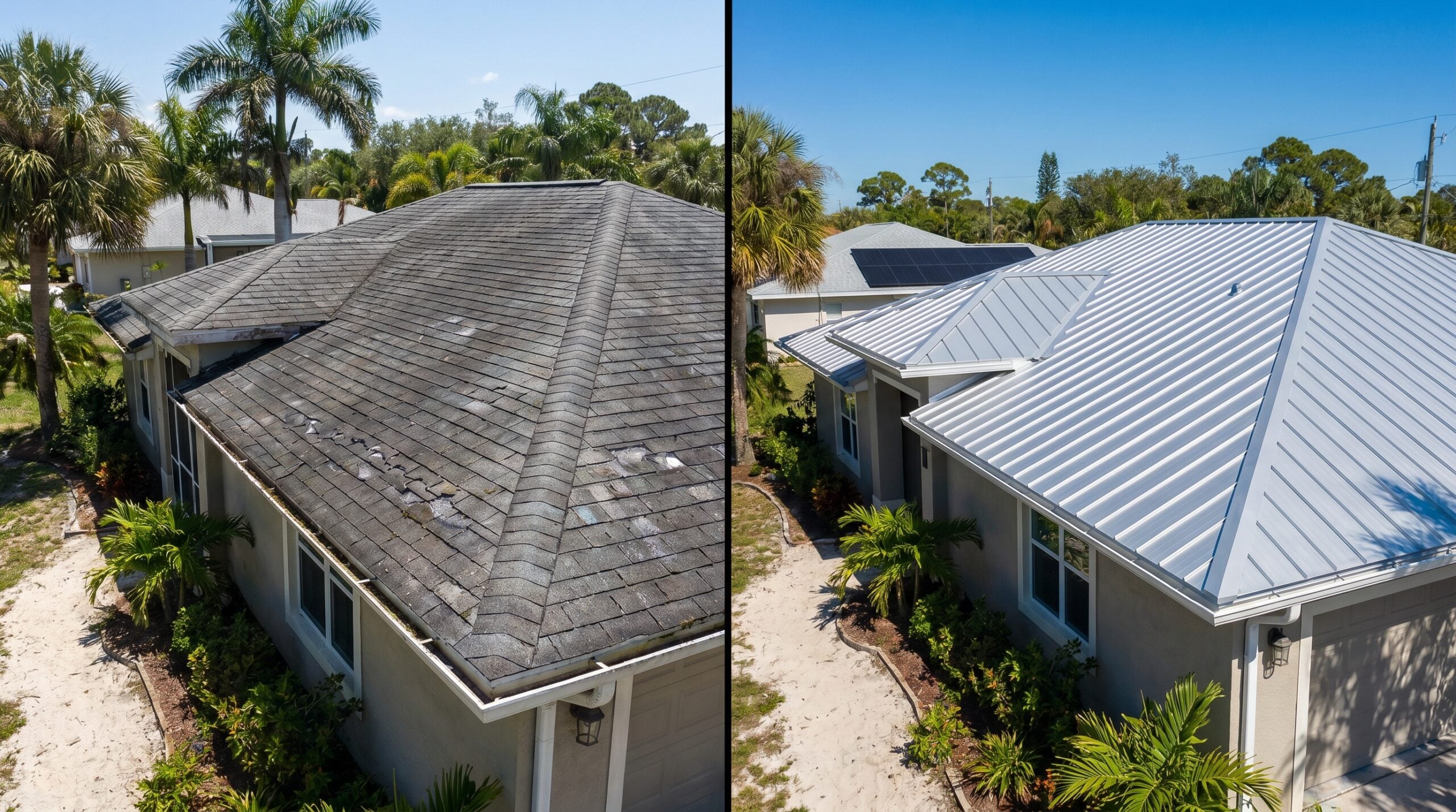 Comparison of aged shingle roof versus metal roof in Florida