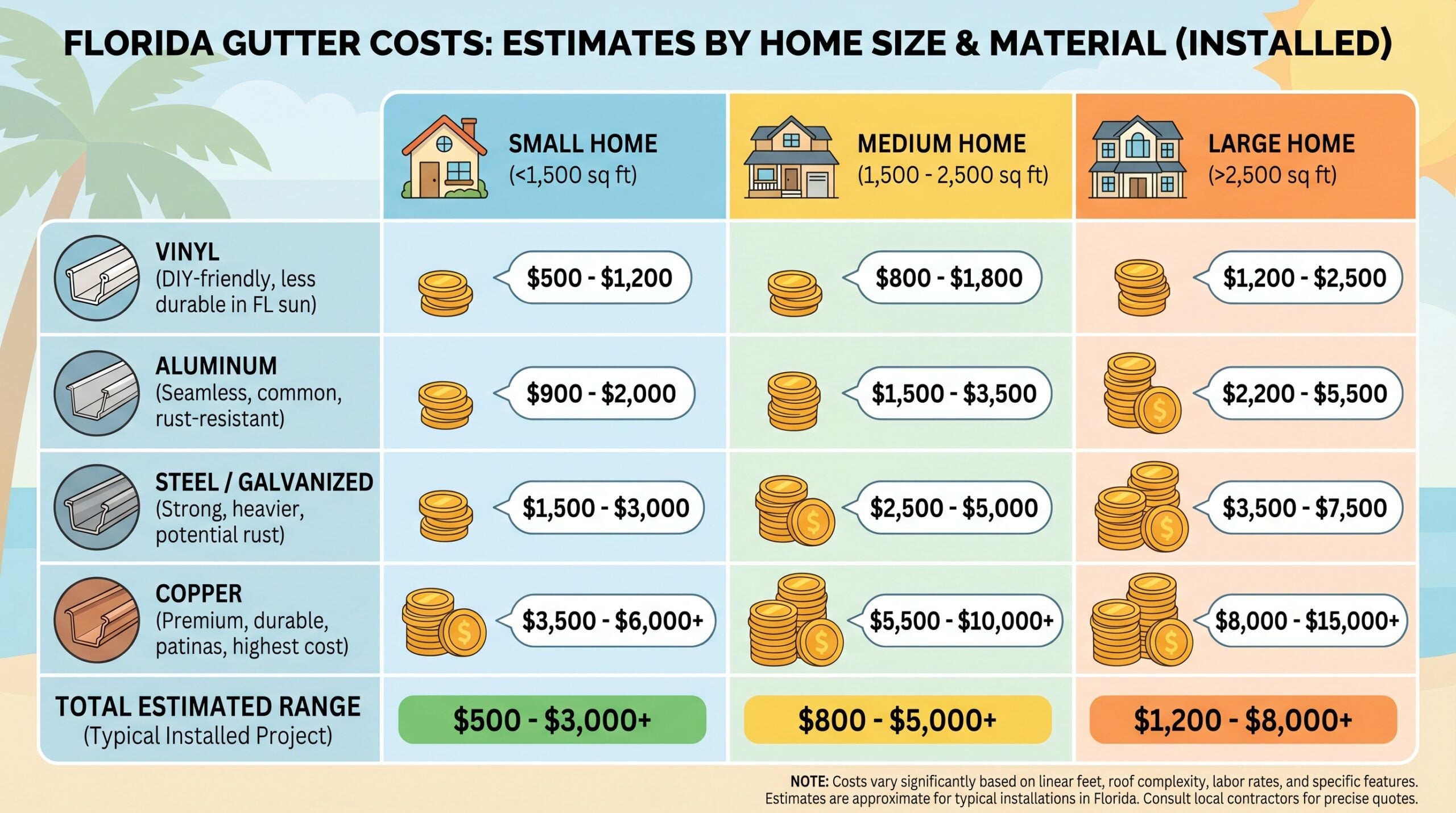 Comparison chart showing gutter costs by home size in Florida