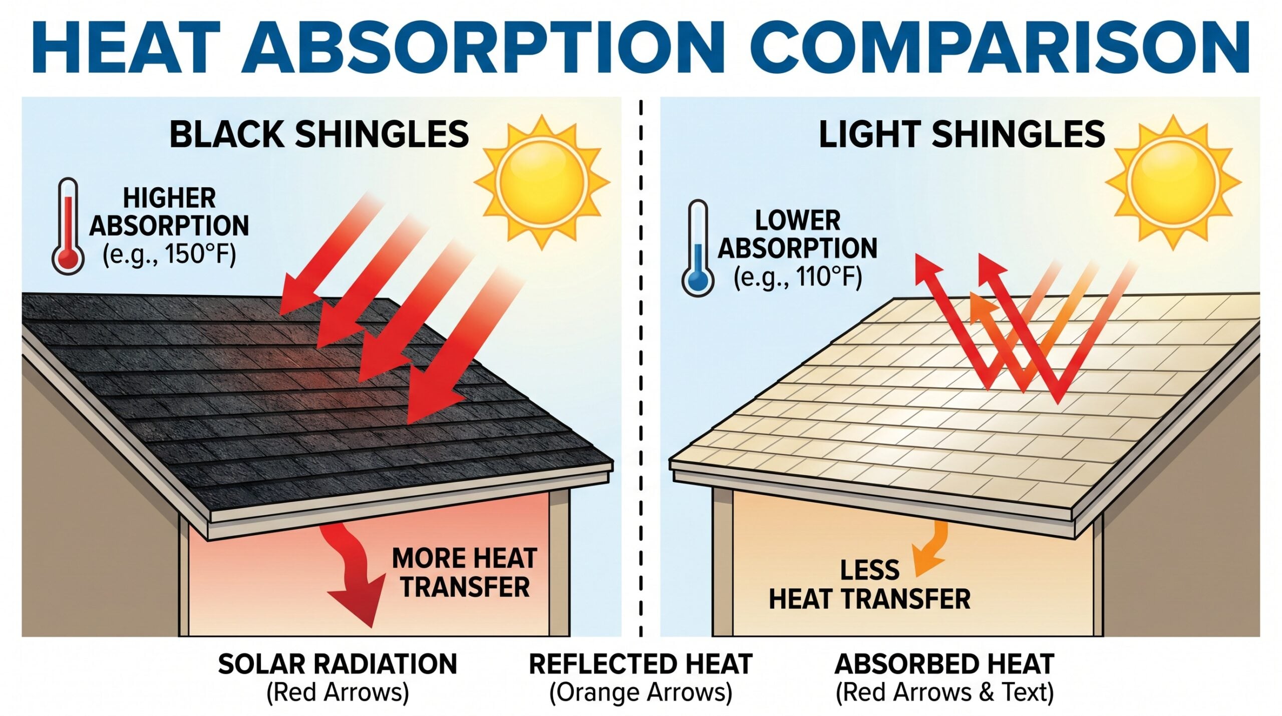 Comparison diagram showing heat absorption black vs light shingles