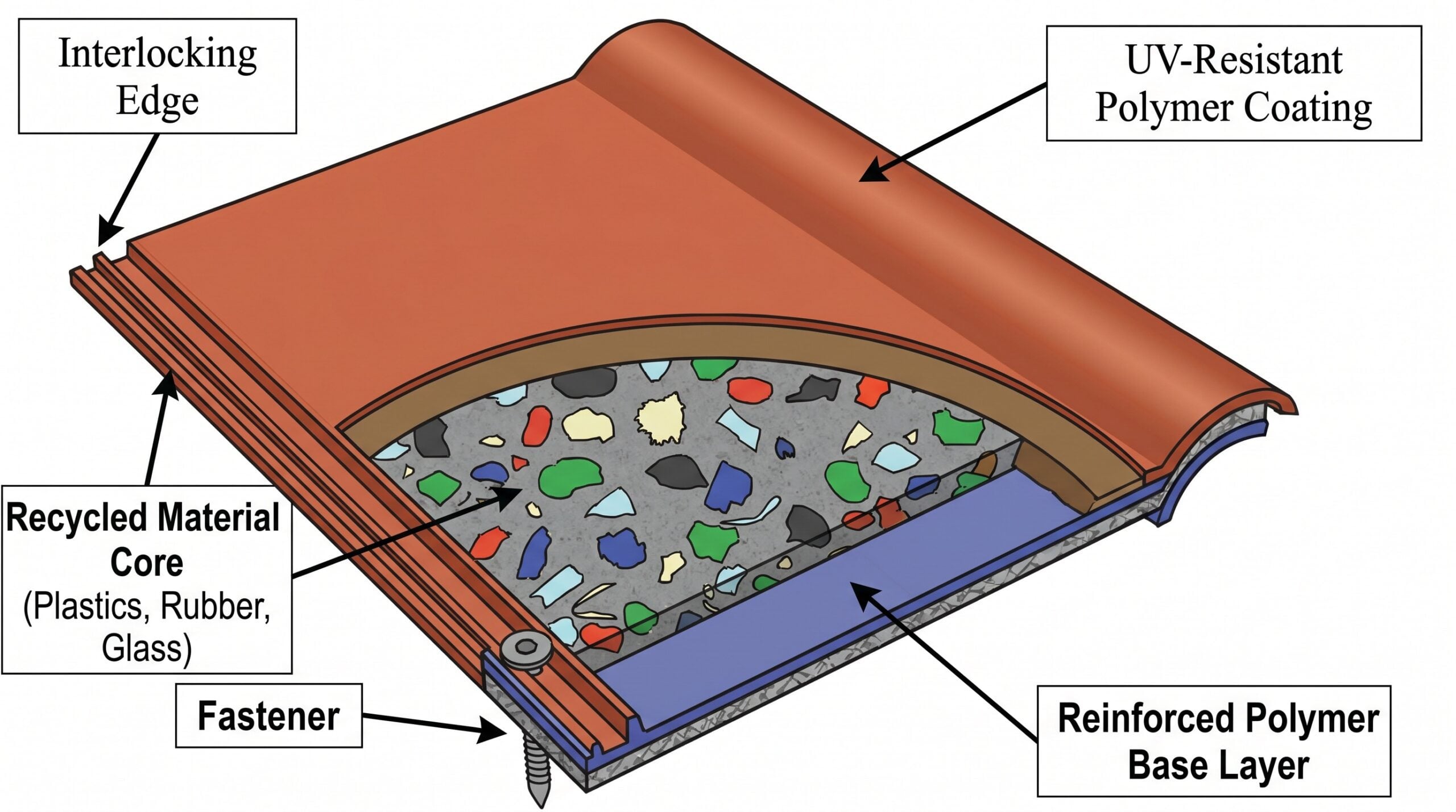 cross-section diagram of composite roof tile showing polymer layers and recycled materials