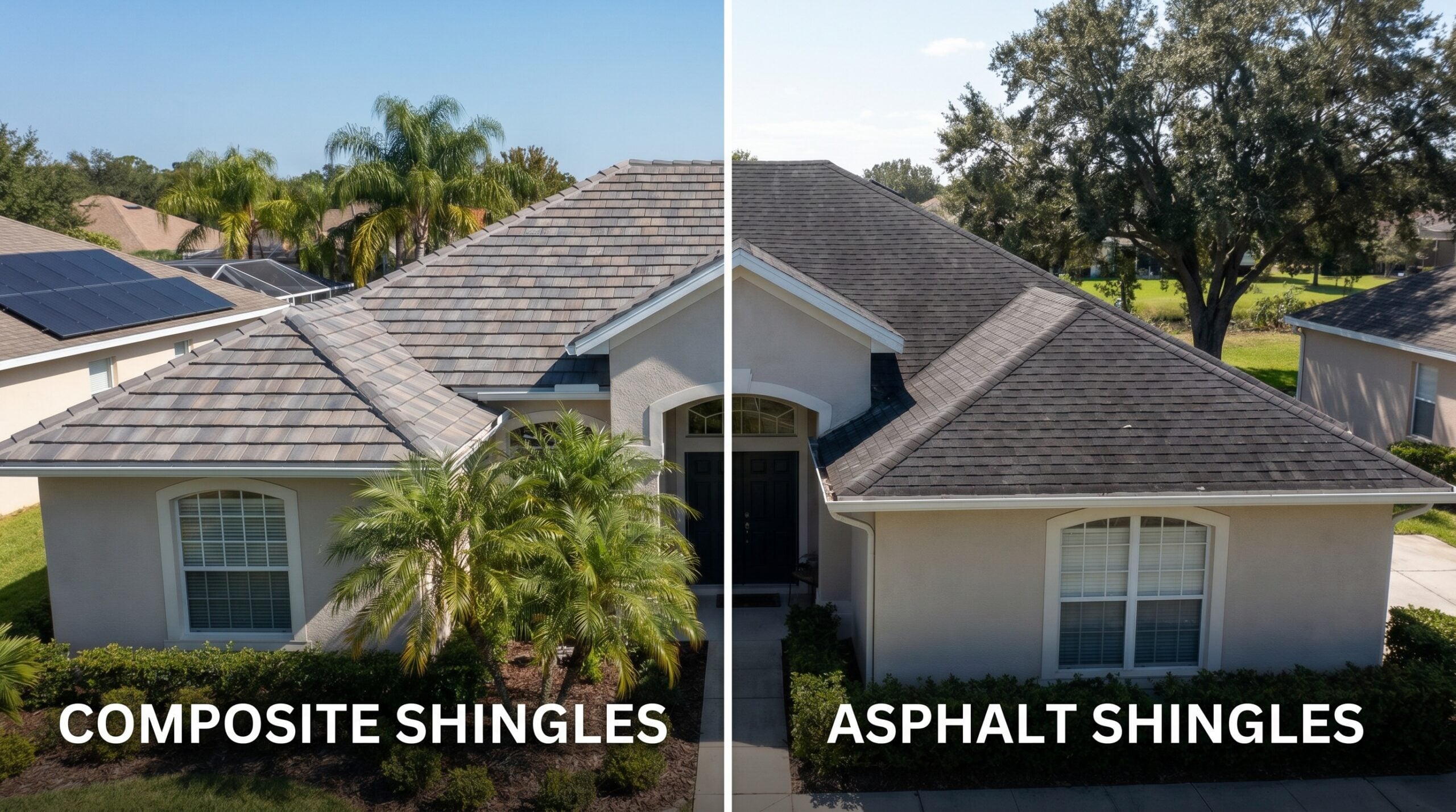 Side-by-side comparison of composite shingles vs asphalt shingles on Florida homes