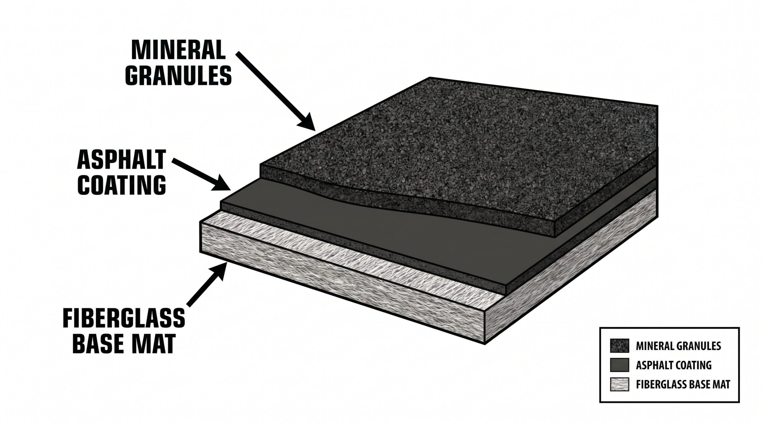 Composition shingle layers diagram showing fiberglass, asphalt, and granules