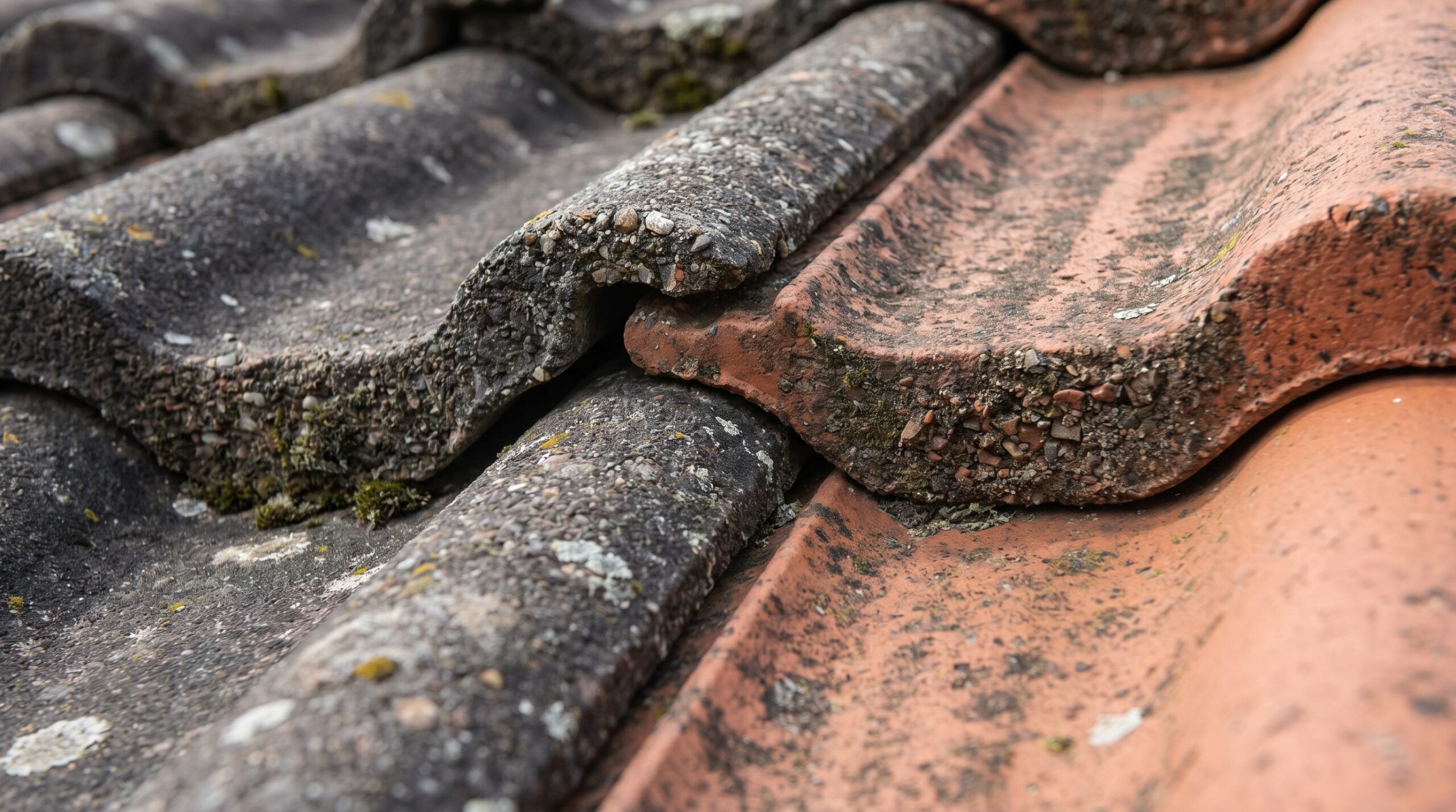 Close-up of concrete roof tiles showing interlocking design and texture